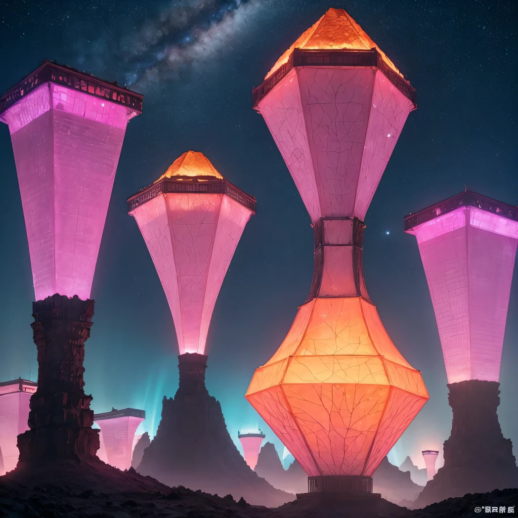 Light orange style，Purple pink series，Alien Hexagonal Base (Nipples are very delicate) In a hexagonal mountain oasis，There are several hexagonal exhaust fans and chimneys, some neon lights project from the base，Light up the night), There are some clouds in the night sky, Some surrounding planets provide air to unknown planets，The most remote giant hexagonal volcano erupts，the rainforest