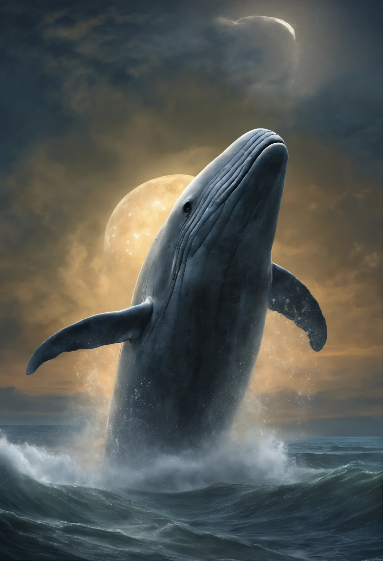 Magnetic storms, Huge gray whale (anatomically correctly drawn body) , lets out a fountain, full moon, a starry sky, Raging Ocean, Magnetic storms, Jean-Baptiste Monge, anthropomorphic --ar 2:3 --testp -optimistic;