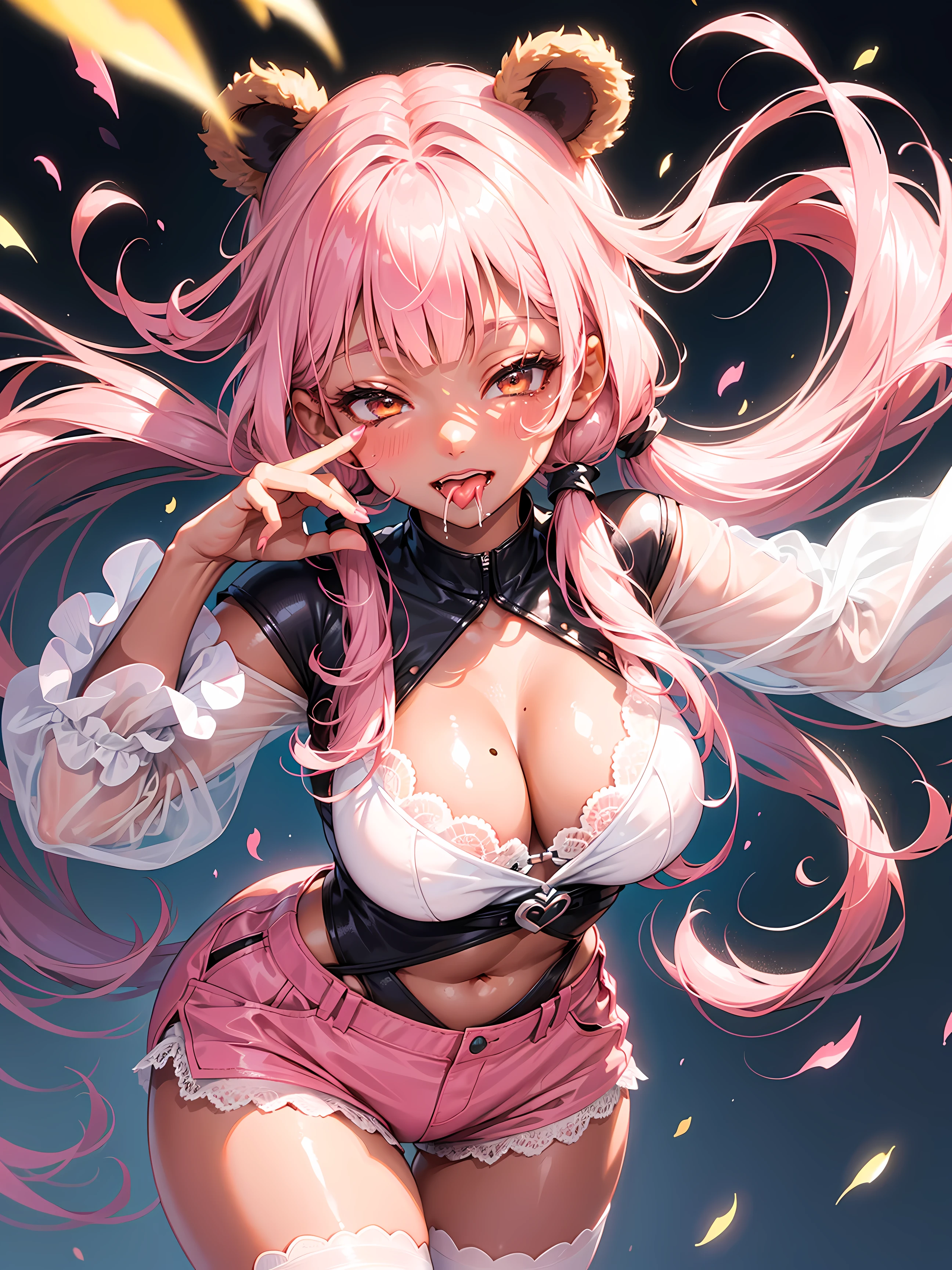 (((((1girl))))), (pink hair), (extremely long hair), (curly hair), (ahoge), (blunt bangs), (low twin tails), ((((((dark skin)))))), ((brown eyes)), ((half-closed eyes)), (cleavage), (thick thighs), ((thick lips)), ((wide hips)), (thighhighs), (short shorts), ((pink outfit)), ((lace)), ((long eyelashes)), super detailed, ((pink)), ((cute)), (((evil smile))), full of lights, Real Human, ((bear ears)), huge tit, ((sexy pose)), ((high angle)), mole under eye, (((oral invitation))), ((tongue out)), ((drooling)), ((best quality)), highres, UHD, textured skin, ((face focus)),