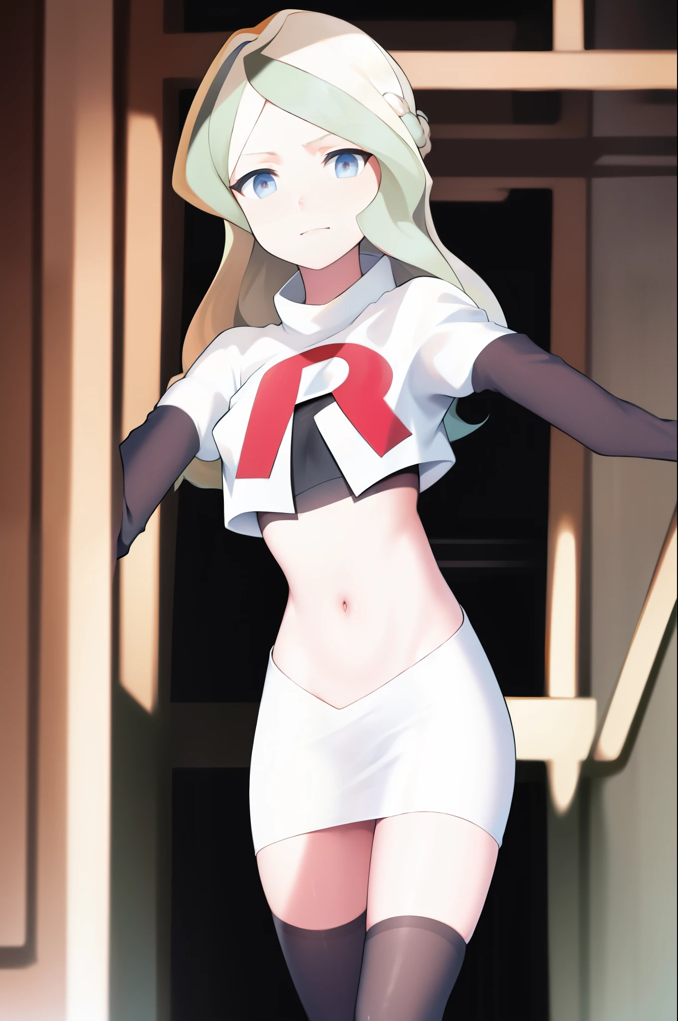 masterpiece, best quality, absurdres, perfect anatomy, 1girl, solo, DianaCavendish, long hair, DianaCavendishBase, team rocket,team rocket uniform, red letter R, white skirt,white crop top,black thigh-highs,black elbow gloves,