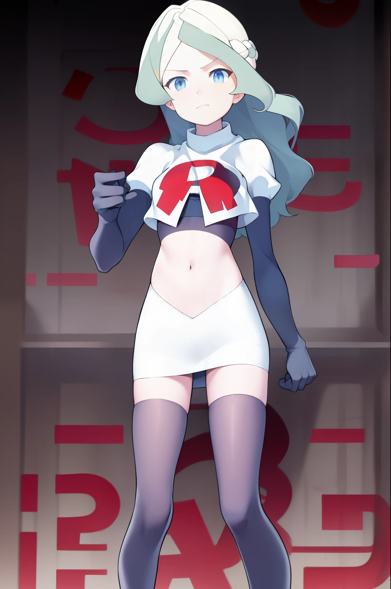 masterpiece, best quality, absurdres, perfect anatomy, 1girl, solo, DianaCavendish, long hair, DianaCavendishBase, team rocket,team rocket uniform, red letter R, white skirt,white crop top,black thigh-highs,black elbow gloves,