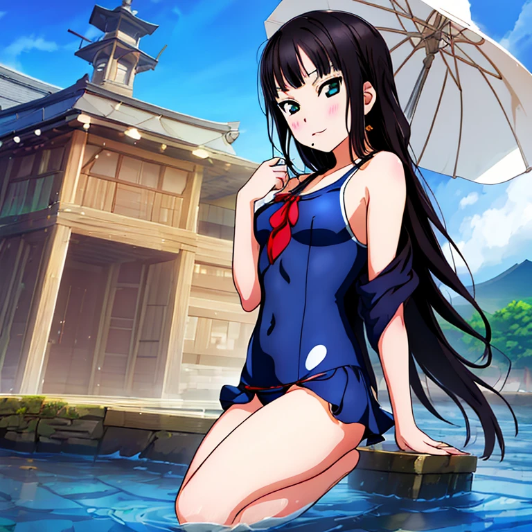 {Best Quality}, {very aesthetic}, {Ultra-detailed}, {Best Illustration}, nsfw, Navy blue swimsuit, Japan Student Swimsuit, One Piece Swimsuit