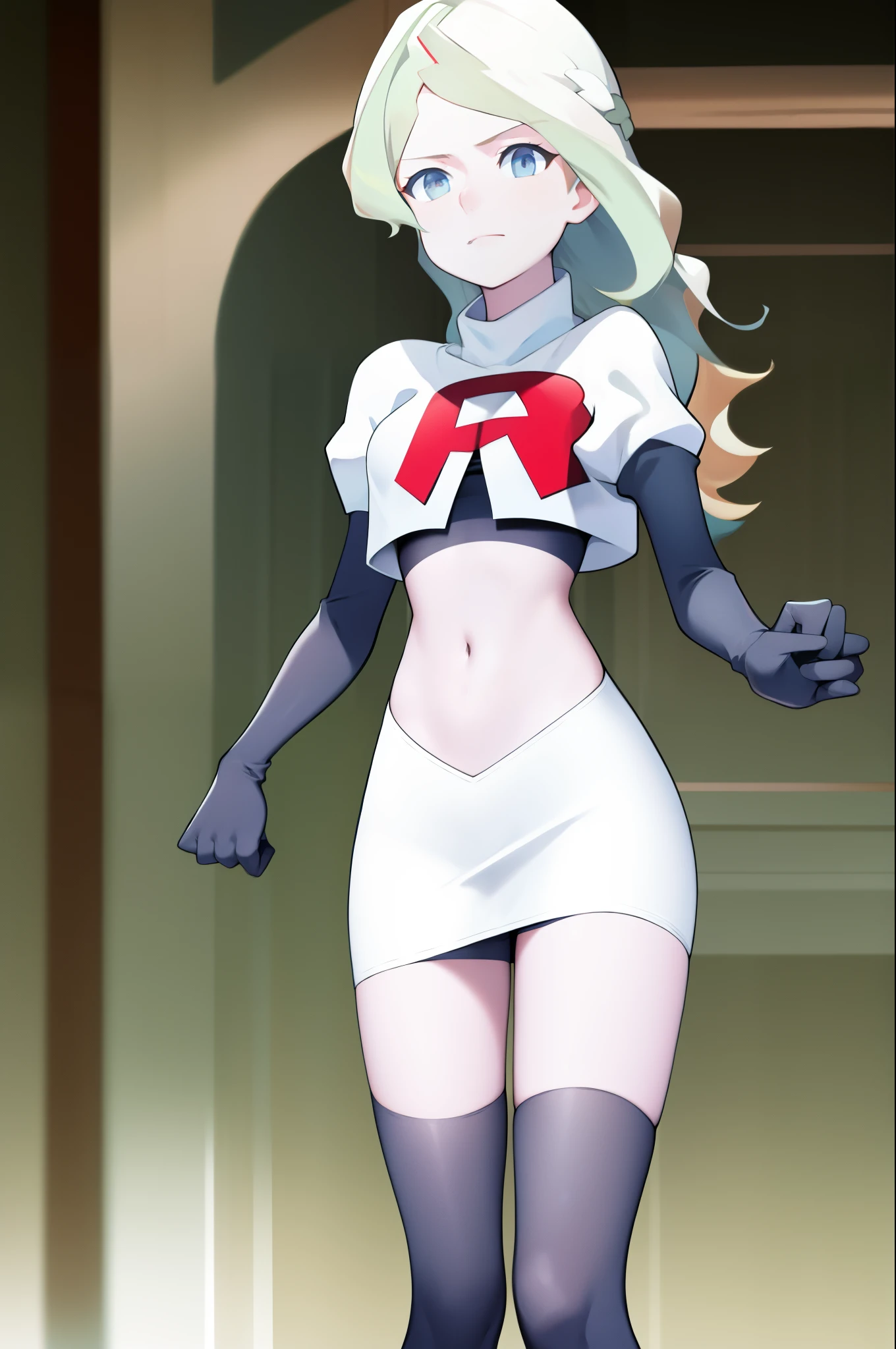 masterpiece, best quality, absurdres, perfect anatomy, 1girl, solo, DianaCavendish, long hair, DianaCavendishBase, team rocket,team rocket uniform, red letter R, white skirt,white crop top,black thigh-highs,black elbow gloves,