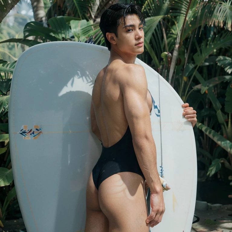 1 muscular male, 20 years old, symmetrical face, handsome face, perfect blue eyes, sparks, topless, ((lay around neck)), ((high waist micro g-string thongs)), (men's short black hair: 1.5), white skin, (short thin hair made of gray strands), (((in a jungle, with a large , surfboard: 1.2))), ((looking at viewer, from behind)), ((butt facing fewer)), ((Tikki, totem)) muscular chest, large hip, (sexy pose, dynamic pose), (island), ultra high resolution, 8k, HDr, art, high detail, perfecteyes, detailed blue eyes, detailed face, bright face , Watching Viewers True 4K light and shadow , (unreal engine) ,(octane render , ultra-realistic , best quality , highly detail painting , super detail , dynamic angle , super-resolution , maxiumum clarity and sharpness , hdr) , (detail face) , (((photorealistic))) , (real man) , ((realistic photo)) ,(realistic style) , (real photo) , focus , detail , best quality, high-resolution , nsfw , erotic , (bubble butt) , ((full body)) , (nasty slutty whore) , perfect model face , handsome