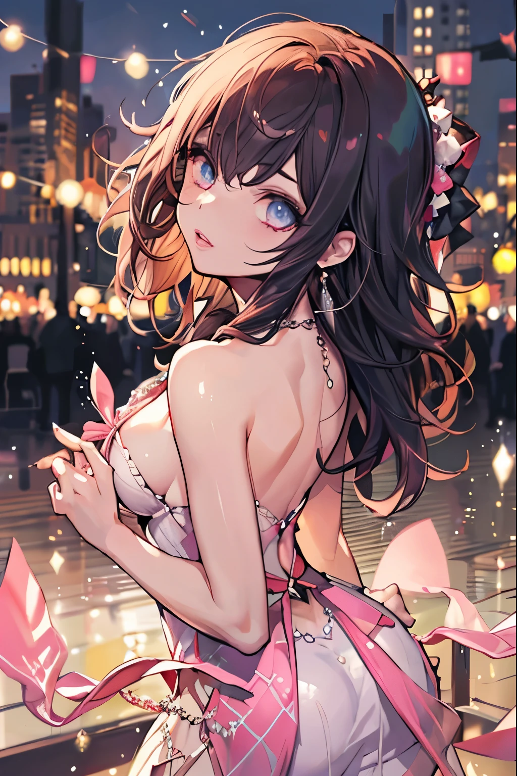absurdres, absolutely resolution, incredibly absurdres, highres, ultra detailed, official art, unity 8k wallpaper, Kinetic Typography
BREAK
(1girl, solo:1.4), dynamic poses, dynamic angle, close-up, cowboy shot, (from the back, from behind, looking back:1.4)
BREAK
bangs, sidelocks, coquettish skin
BREAK
large breasts, sideboob, lips, shiny lips, (back of body:1.2)
BREAK
pink dress, (Pretty dress,:1.4) mini dress, jewelry, earrings, necklace
BREAK
off shoulders, bare shoulders, bare arms
BREAK
(pointy breasts, high beams:1.6)
BREAK
(indoors, cocktail party, dance party, evening party, party hall, dance hall:1.4)
BREAK
nice hands, perfect hands,