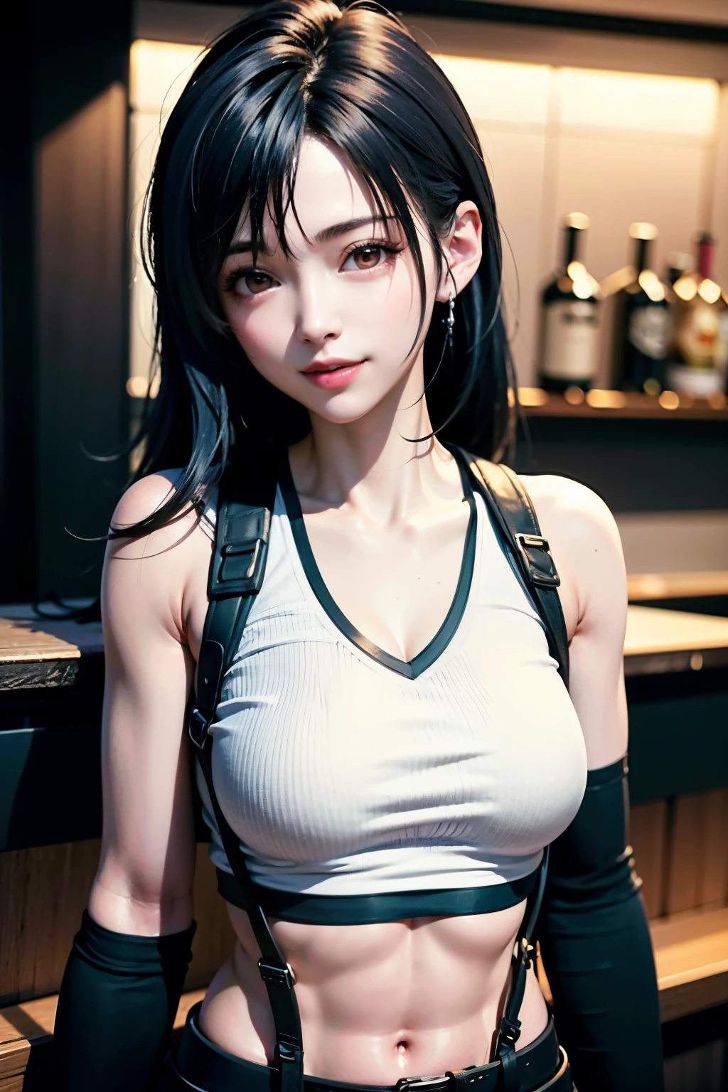 Tifa Lockhart, masutepiece, Best Quality, defTifa, White crop top, elbow pad, Fingerless gloves, suspenders, pencil skirts, Upper body, Looking at Viewer, Leaning forward, Smile, a bar counter, City at night