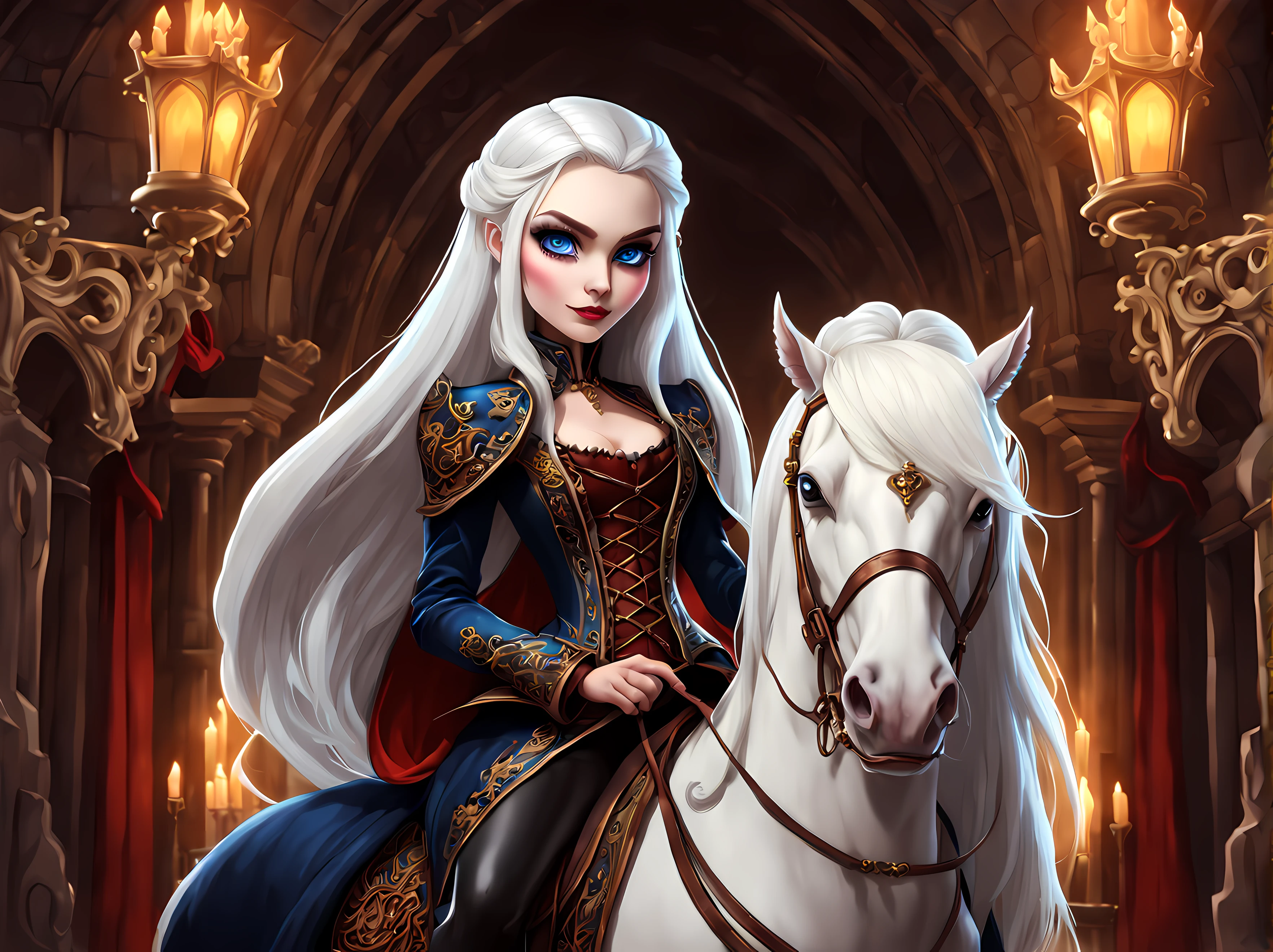 Cute Cartoon, CuteCartoonAF, (cute cartoon style:1.3) | Stunning vampire queen riding a majestic royal steed. | The queen has long white hair and vivid blue eyes. | The steed's harness is a masterpiece of gothic craftsmanship, reflecting the intricate and ornate vampiric design. | The steed has (golden mane). | The stables exude opulence, with gothic architecture and a tranquil atmosphere. | A single rose in the queen's hair. | More_Detail