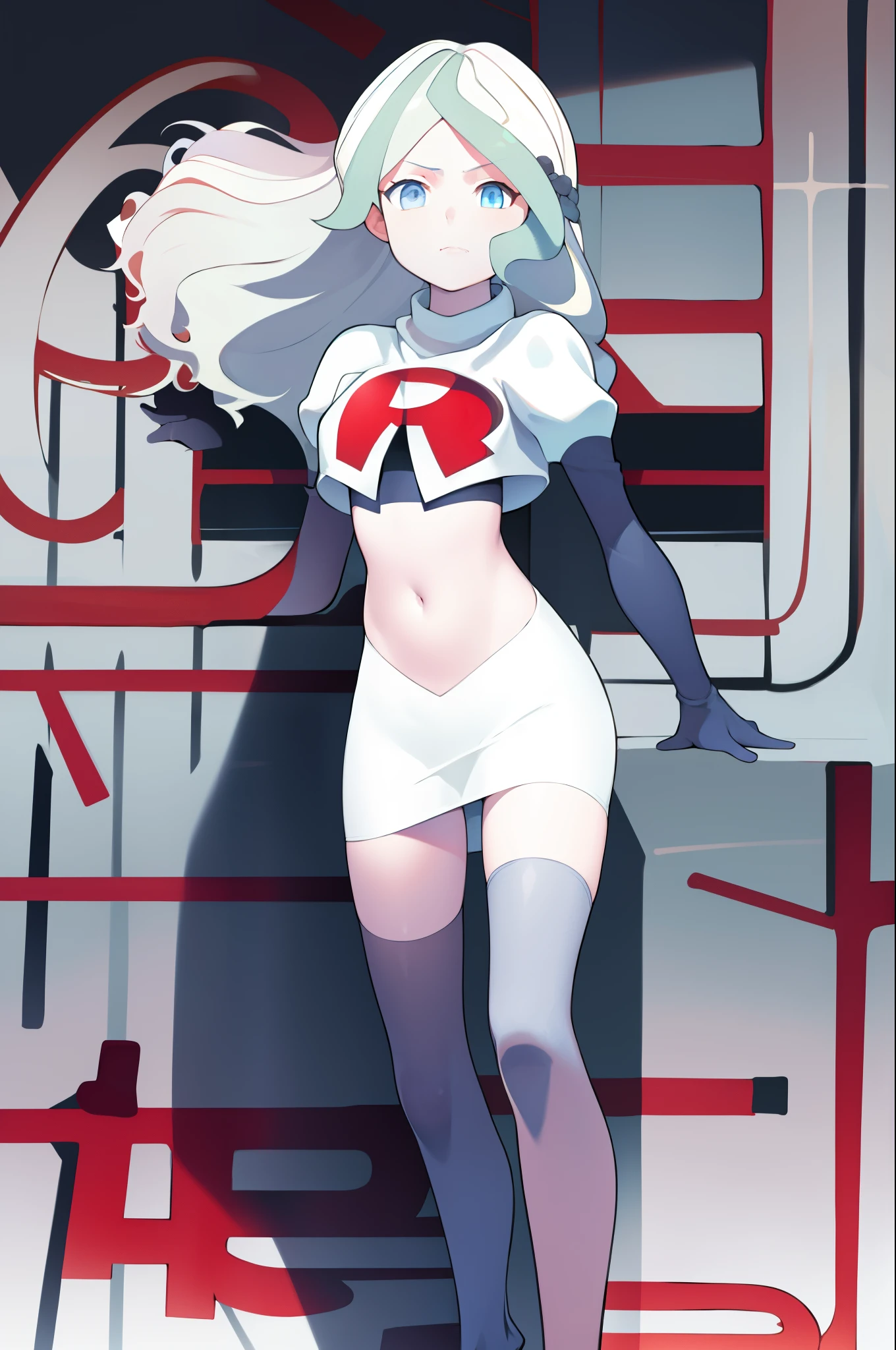 masterpiece, best quality, absurdres, perfect anatomy, 1girl, solo, DianaCavendish, long hair, DianaCavendishBase, team rocket,team rocket uniform, red letter R, white skirt,white crop top,black thigh-highs,black elbow gloves,