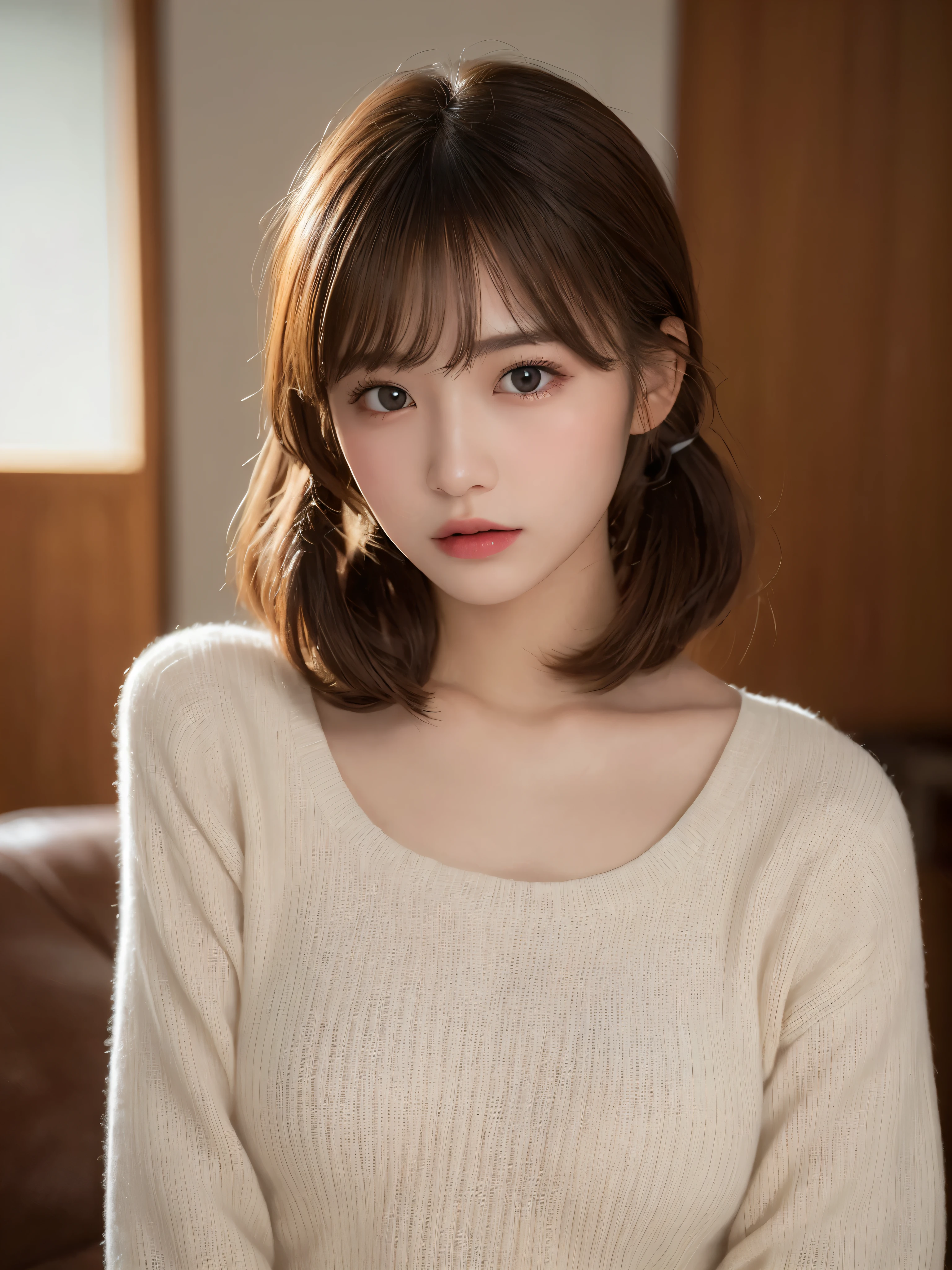 ((NSFW))、(​masterpiece:1.5)、(8K)、(Photorealsitic:1.5)、Raw photography、(Top image quality:1.4)、(foco nítido:1.5)、 top-quality、​masterpiece、超A high resolution、Photograph the whole body、Perfect dynamic composition、 20 years old、slender、Unwind in the living room、prety woman:1.4、serious facial expression、 Wearing a white knitted dress、 light brown hair、Hairstyle is twin tails、Glowing hair、 Super Detail Face、A detailed eye、二重まぶた、 Natural Color Lip、Transparent skin、