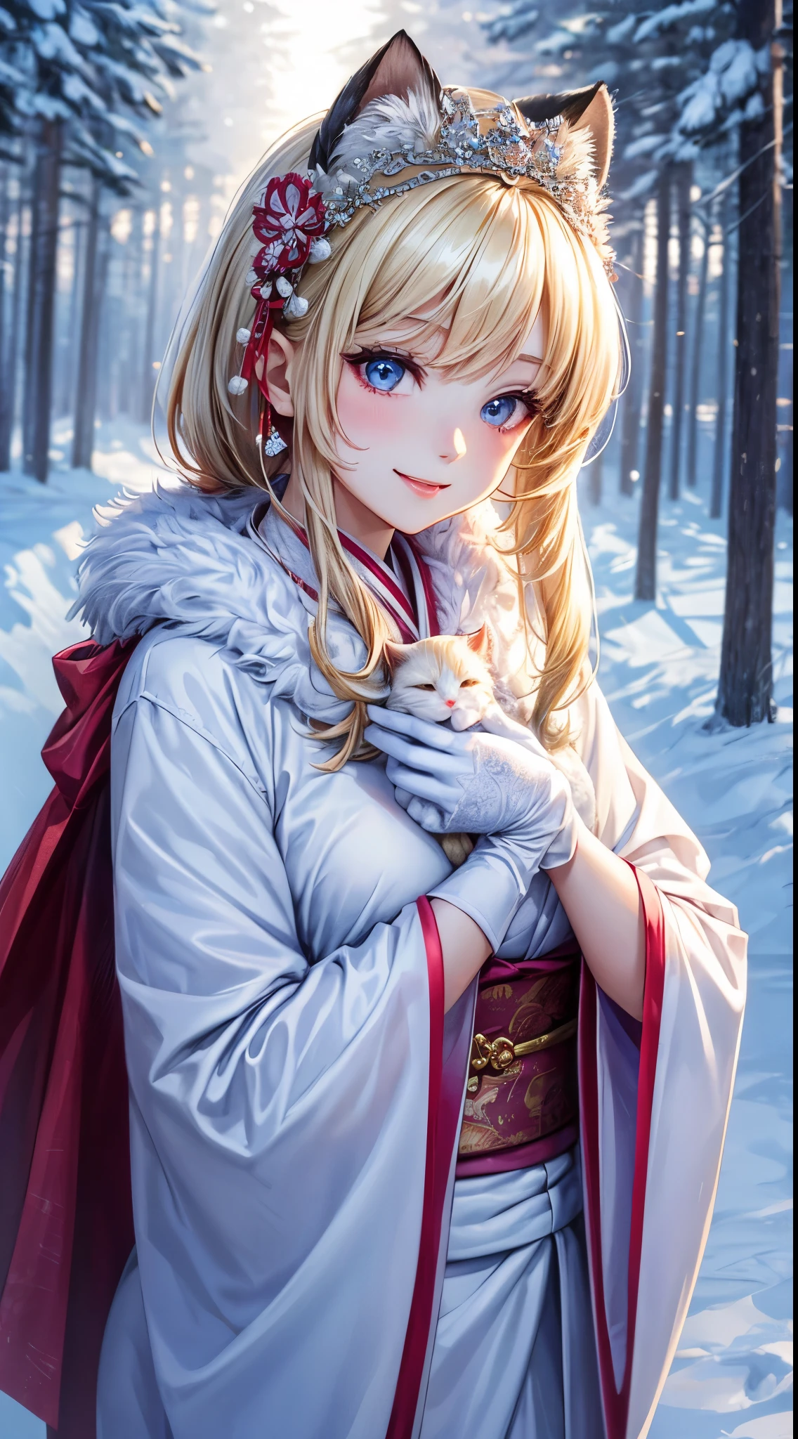Very detailed CG Unity 8K wallpaper, Cute One Girl, Mature blonde girl, beautiful Girl, hot maiden, pale skin (Super masterpiece, Beautiful person, well detailed face polluted smile, Photorealistic, hyper realisitic), colorful winter pink kimono 、has white fur、 Wearing white gloves,Japanese Style Hair Accessories、holding a cute white cat in his arms, (Light Lighting)、smil,Upper body 、Japan background