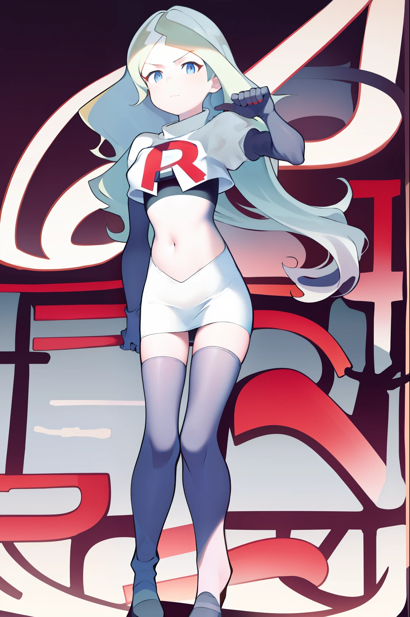 masterpiece, best quality, absurdres, perfect anatomy, 1girl, solo, DianaCavendish, long hair, DianaCavendishBase, team rocket,team rocket uniform, red letter R, white skirt,white crop top,black thigh-highs,black elbow gloves,