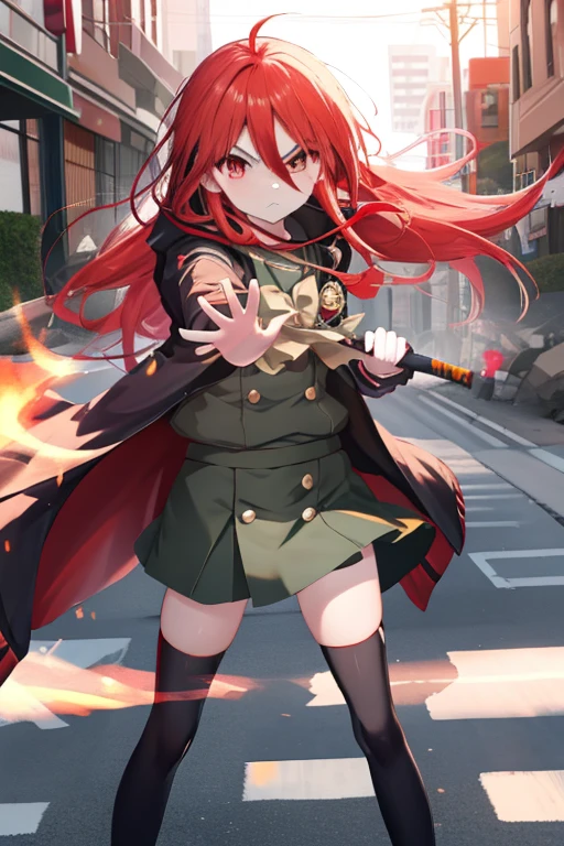 masutepiece, Best Quality,the Extremely Detailed CG Unity 8K Wallpapers, 
1girl in,Shana,Red hair,Red Eyes,Ahoge,Misaki High School uniform(Winter clothes)，Riders Jacket，arma(One Japanese sword)，Grip the handle of the Japanese sword with both hands，Combat stance，the blade is engulfed in flames，knee high socks，lowfers，(In the street，rubble)，expressioness(Serious face)，inside the barrier，Building rubble