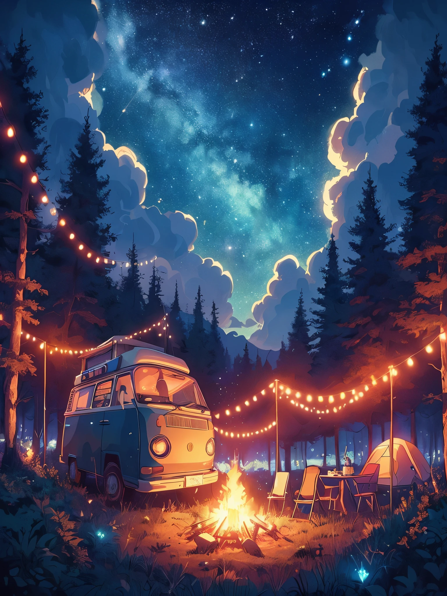 Draw an anime poster style lofi scene of a camper van in the woods, fairylights decor, bonfire, barbeque, starry sky, wilderness, dense forest, night, beautiful color palette, vibrant saturated colors, masterpiece, cinematic cloudy sky, no human