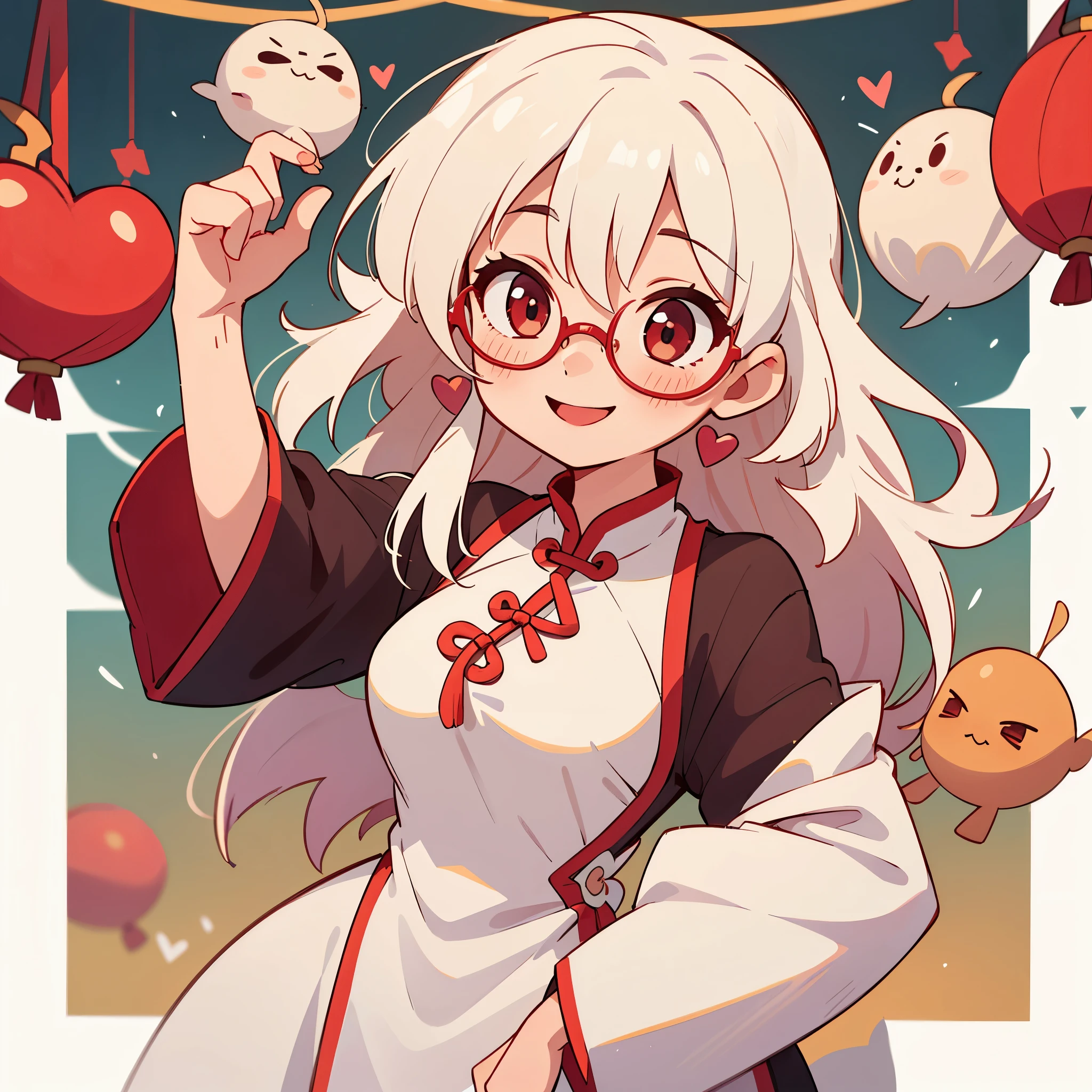 Only one girl, 1girl, wearing a cheongsam , milky white hair, heart red eyes, in Chinatown, wearing glasses, looking at the viewer, smile