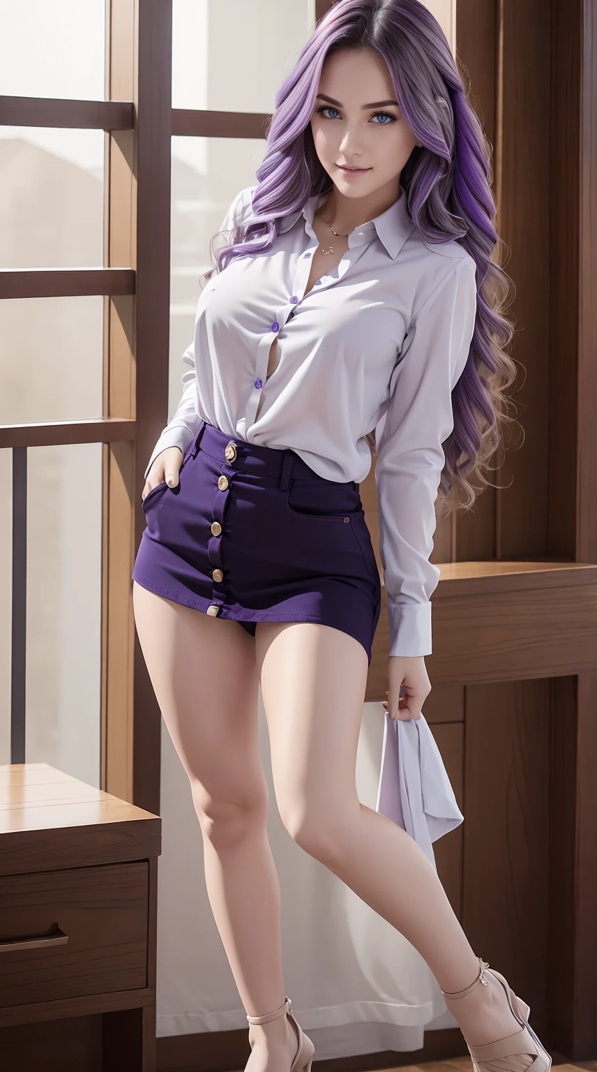 ((masterpiece,best quality, absurd))1 girl, 19 years old, long purple hair,defined body, huge breasts, huge thighs, solo, moekakiryu, whte shirt, pencil skirt, garter straps