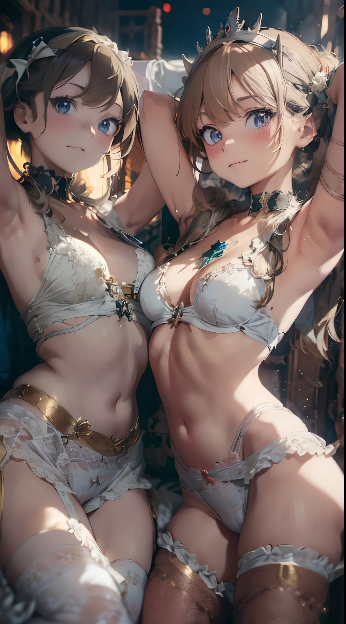 (Best Picture Quality, 4K, High Quality, Masterpiece:1.2), ((Masterpiece)), High Detail, High Quality, (HDR,16k, RAW Beautiful Girl Portrait, Best Picture Quality, Masterpiece:1.2), (Ultra-Definition Illustration), (nsfw:1.1), (Queen and princess:1.2), tiaras, extremely cute, round face, (blond wavy short hair), (2 girls, lesbian:1.5), having sex, beautiful light, staring other, gorgeous sleeveless dress, white pantyhose, garter belt, (arms behind head:1.3), RPGRoyalty