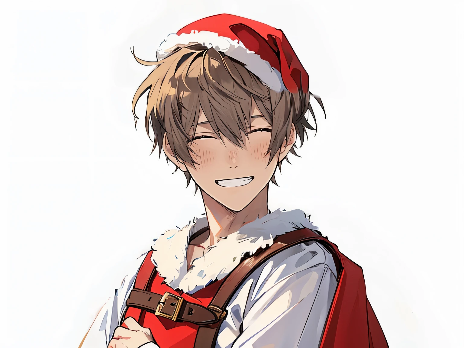 He is dressed as Santa Claus in red with white trim.、Santa hat on head