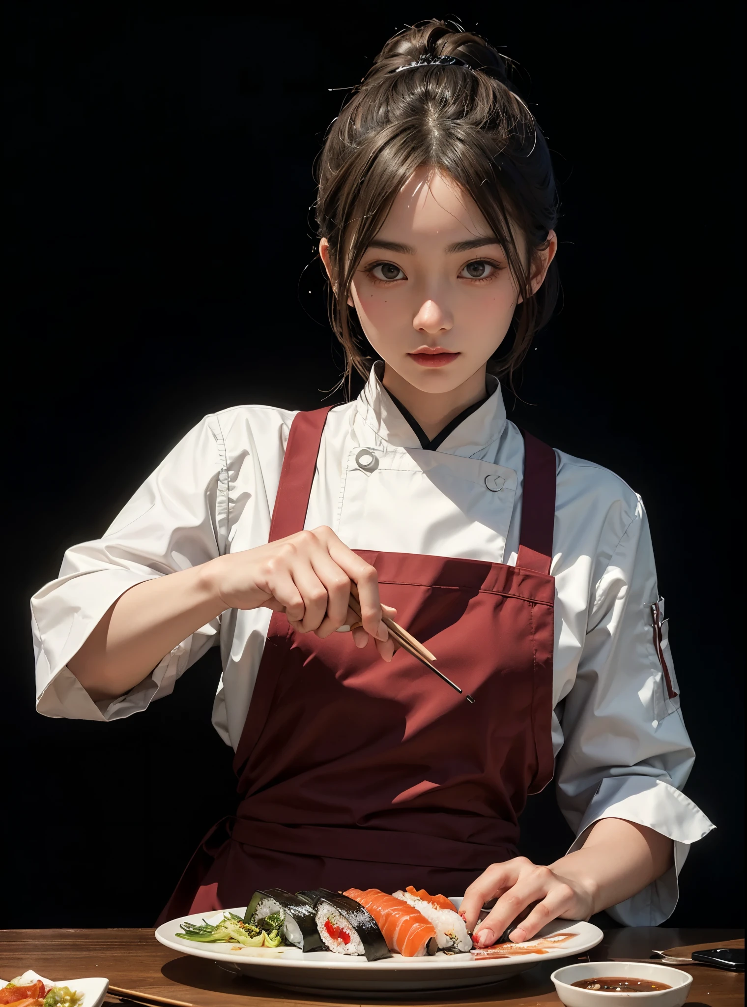 sushi, Japanese chef cooking, Japanese food, black backdrop, beautiful cooking, ((Best Quality)), ((Masterpiece)), (Detailed), a perfect face