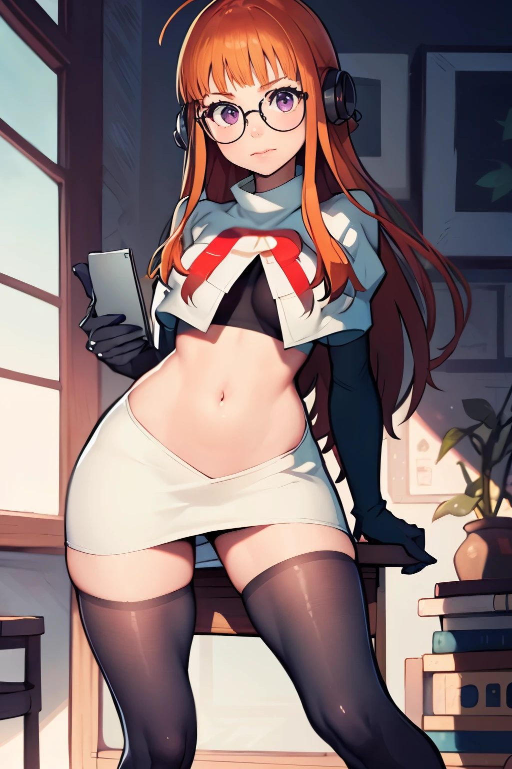 futaba sakura, orange hair, long hair, purple eyes, glasses, ahoge, nude, detailed nipples, detailed vagina, black thigh-highs, black elbow gloves,