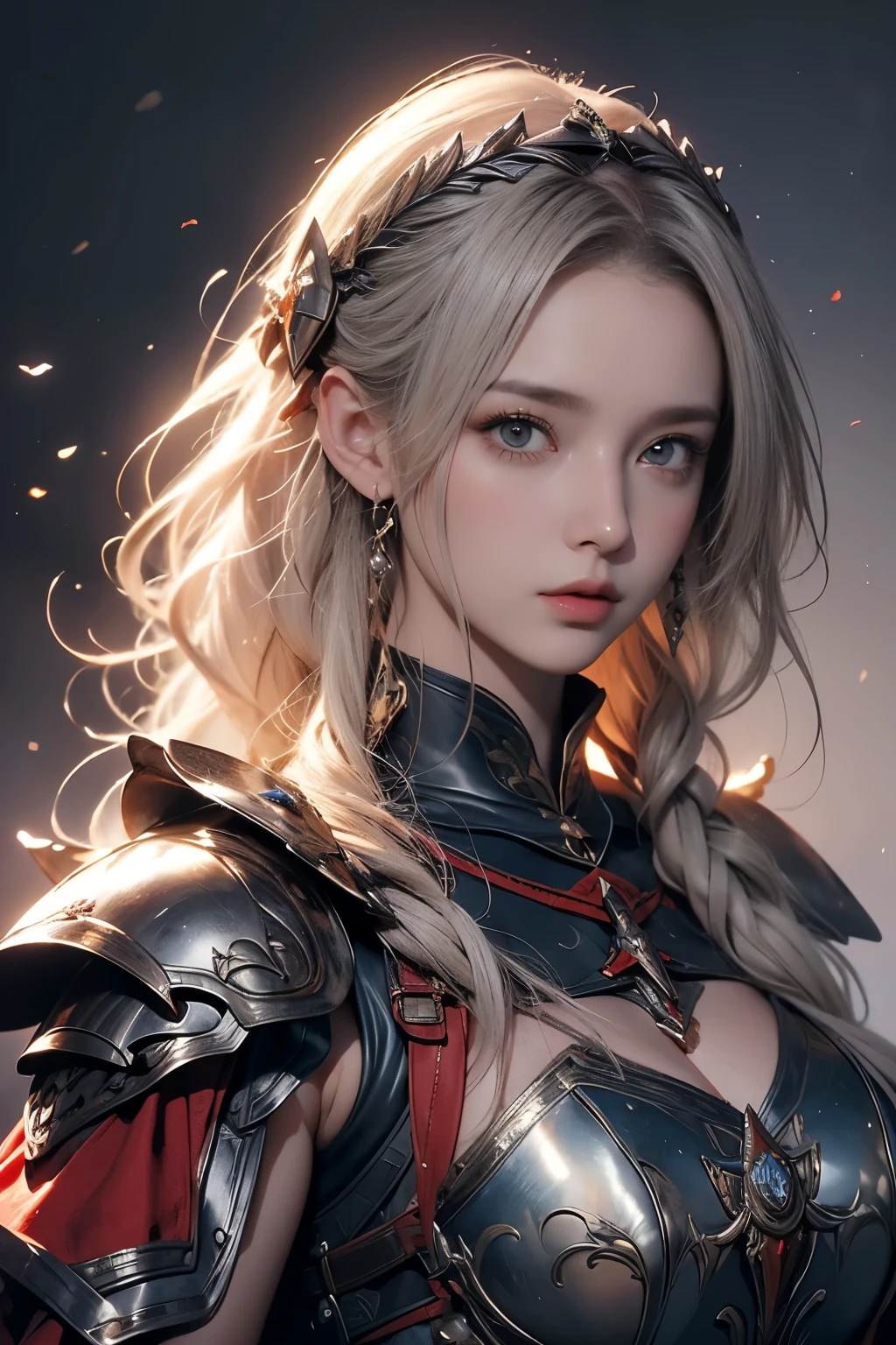 tmasterpiece,Best quality at best,A high resolution,8K,((Portrait)),(Head close-up),Original photo,real photograph,digital photography,(Female adventurers in the medieval fantasy style),(Medieval Valkyrie in fantasy style),18-year-old girl,(Hair gradients of black and red),blue短发,Red eyelue and white gradient short hair,blue),(Big breasts),An extravagant ornament,cparted lips,Keep your mouth shuegant and charming,((Blushing)),haughty contempt,Calm and handsome,(Medieval fantasy combat suit,Joint Armor,Lightweight leather protection,The Beautiful Magic Badge,Medieval armor combined with leather and metal,A delicate pattern,Cloak),(Woman warrior),Photo pose,medieval characters,medieval fantasy style,Ancient city background,oc render reflection texture