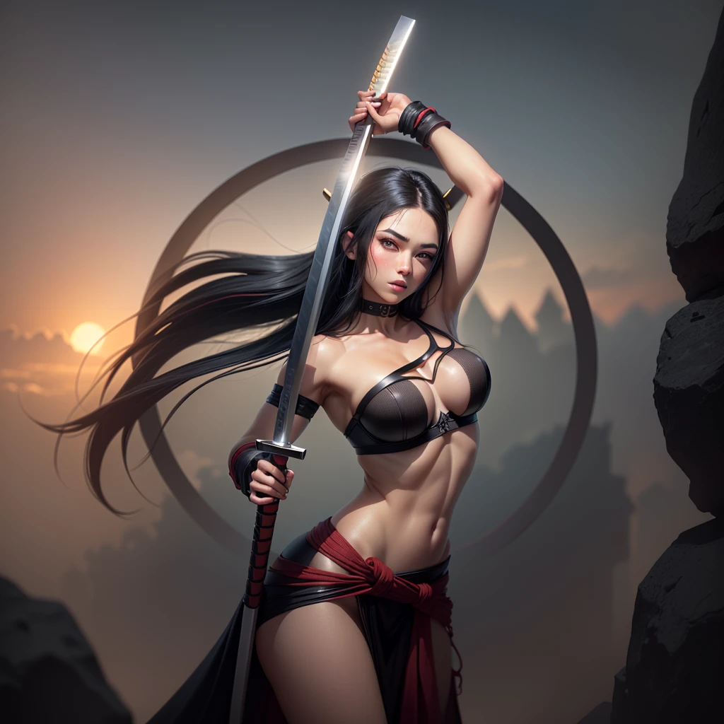 Warrior woman, katana with silver blade coming out of black sheath with red design, about 1/4 of blade is out of katana,medium legnth handle , black hair, beautiful,well proportionate, long hair flowing in the wind, slightly open eyes, tranquil expression,one strap spots bra