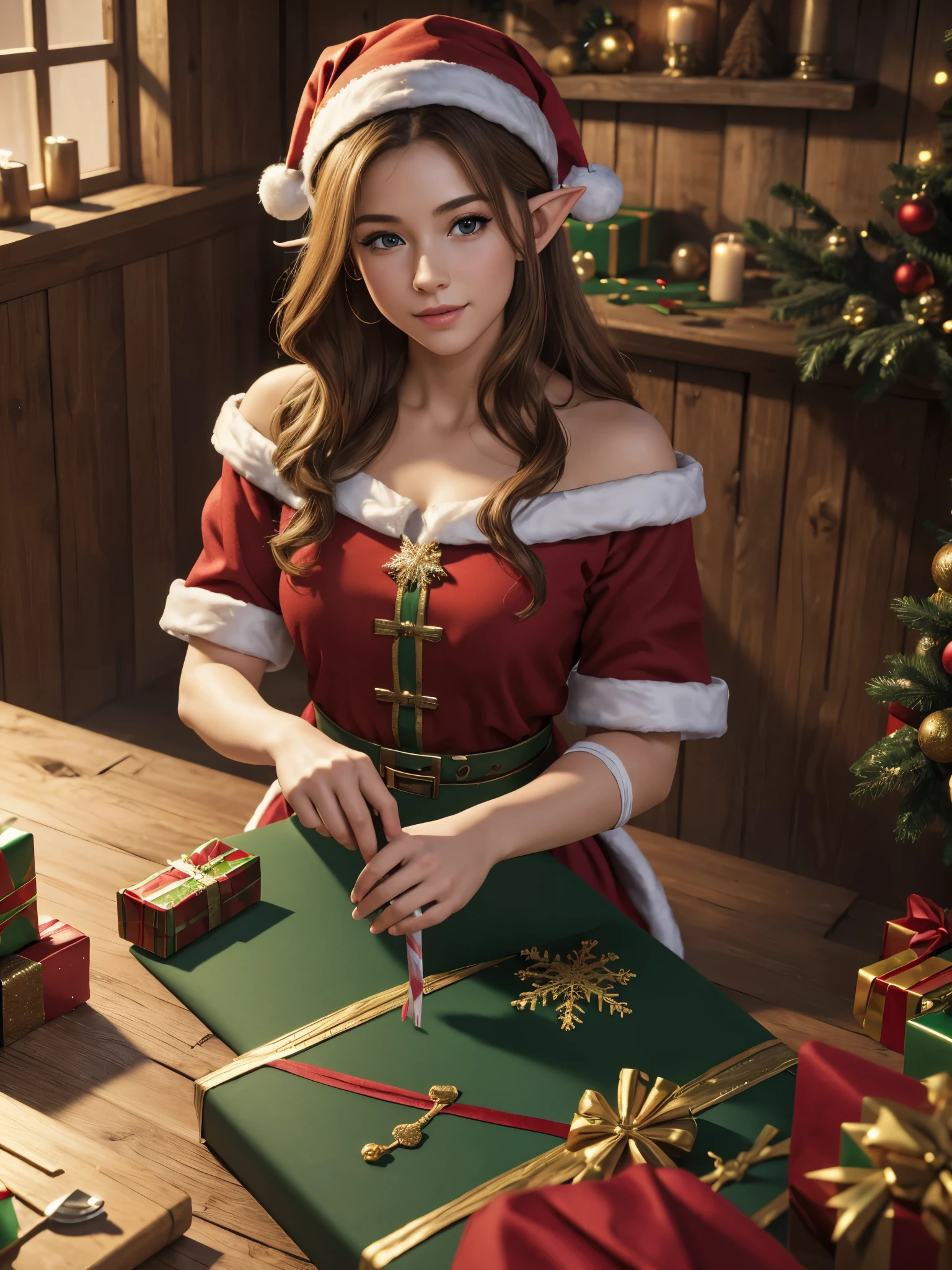 (best quality,4k,8k,highres,masterpiece:1.2),ultra-detailed,realistic,photorealistic:1.37, A beautiful female Christmas elf wrapping presents in Santa's workshop.
