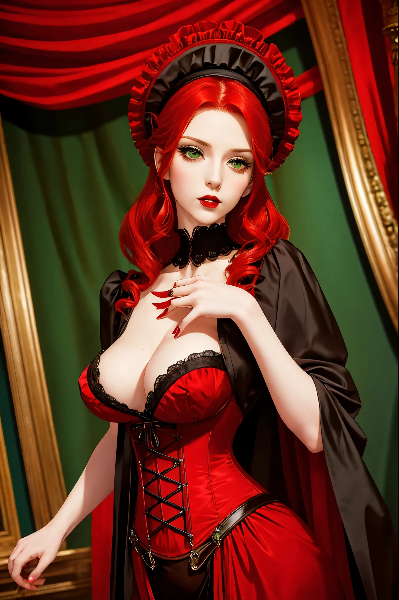 Craft a professional photoshoot highlighting the beauty of a slender woman with red hair and green eyes, elegantly adorned in a red and black corset, set against the backdrop of a lavishly decorated Victorian bedroom.