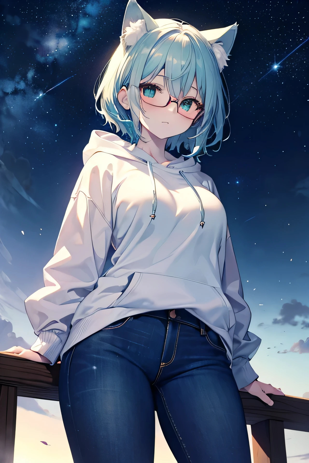 ((masutepiece)), ((Best Quality)), ((8K)), High resolution, 1girl in, Cat ears, pale skin, Green eye, Glasses, Blue hair, White inner hair, Large breasts, Hoodie, jeans, Winters, Starry Night,