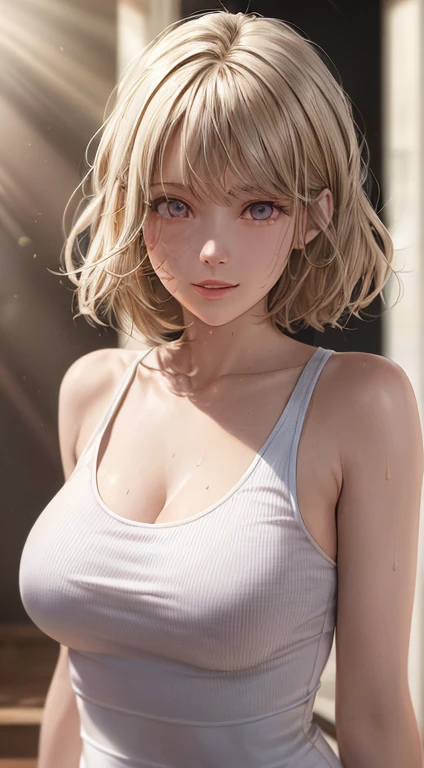 ((((masterpiece, best quality, high resolution)))), Extremely detailed 8K, Beautiful girl with voluptuous body, (Ultra HD, Ultra-detailed, Highly detailed, Highly realistic, Ultra-realistic, photograph realistic), (1girl:1.5), (Realistic white hair), short wavy hair, bob cut, (dynamic poseacing at camera, light smile, parted lips, purple eyes, average breasteautiful detailed face, beautiful detailed eyes), thin white tank top, black shorts, glow, sweat, (sunbeam, sunlight)