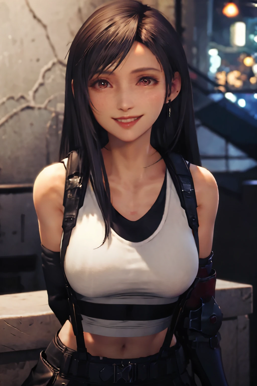 Tifa Lockhart, masutepiece, Best Quality, defTifa, White crop top, elbow pad, Fingerless gloves, suspenders, pencil skirts, Upper body, Looking at Viewer, Leaning forward, Smile, a bar counter, City at night