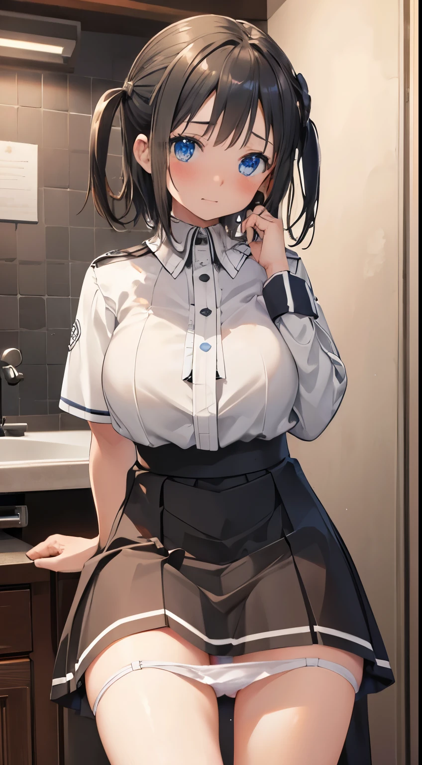 Washstand、Underwear、Ashamed、red blush, ((Very detailed)), (Perfectly detailed face), (Highly detailed hands),White panty,up skirt,Lace panties on top of a huge dick,Ronie_Arabel