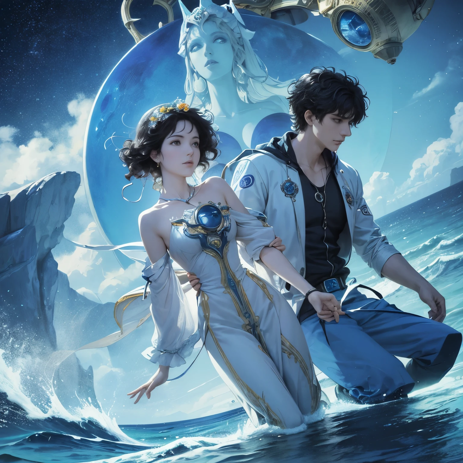 Marc Chagall, Anne Anderson, Surreal, mysterious, strange, fantastical, fantasy, Sci-fi, Japanese anime, A mystery and adventure surrounding "machines," "otherness," and "love" on a remote island in the ocean where two suns and two moons shine, detailed masterpiece cinematic lighting perspectives bird’s eye views