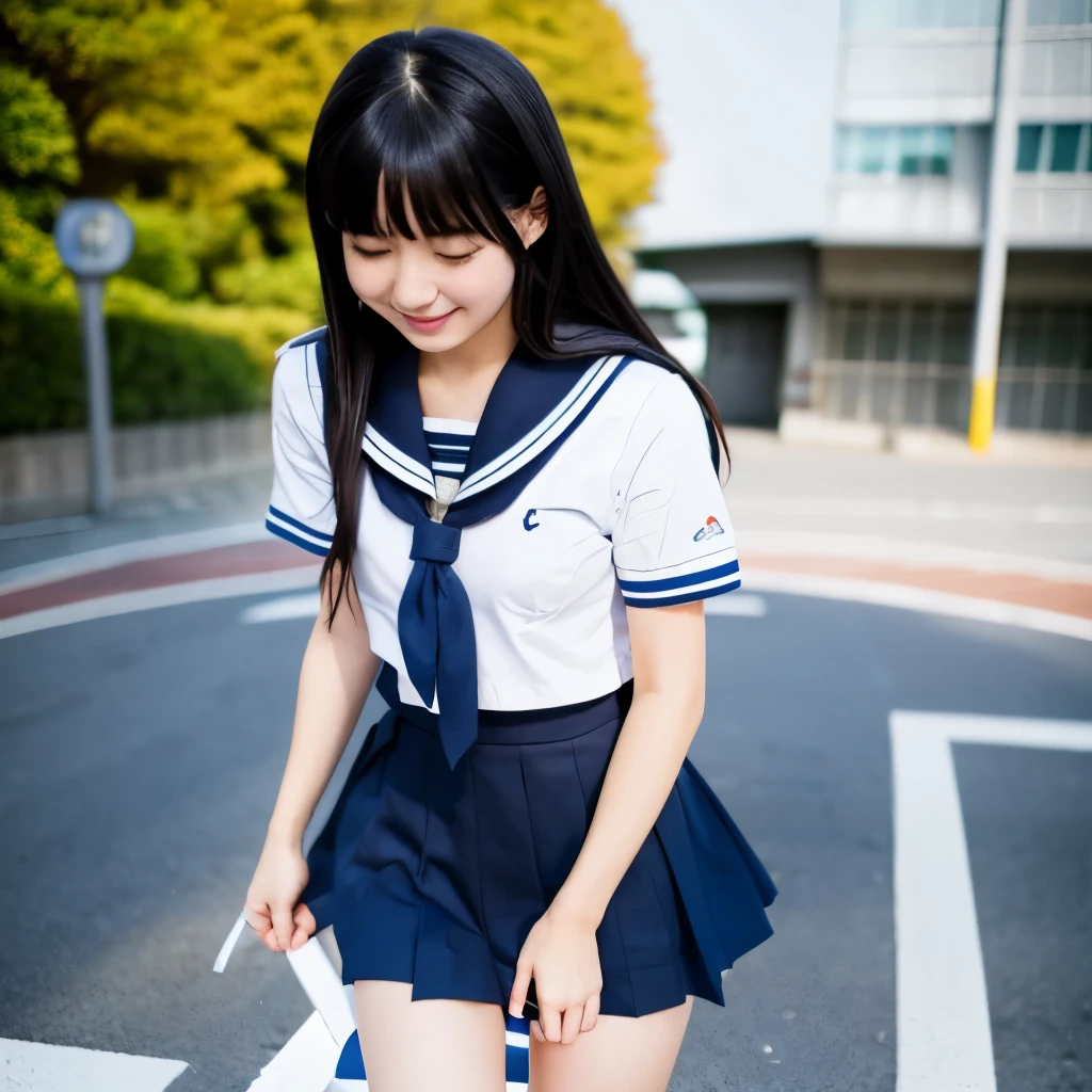 Black-haired Japanese high school girl wearing a sailor suit peeing 4K image photo