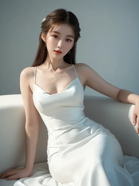 a close up of a woman in a white dress sitting on a couch, wearing along white dress, wearing white dress, a beautiful woman in white, ancient white dress, on a white table, female actress from korea, leslie zhang, opened dress, yang qi, jia ruan, white dress, gorgeous chinese model, wearing a white dress, elegant white dress
