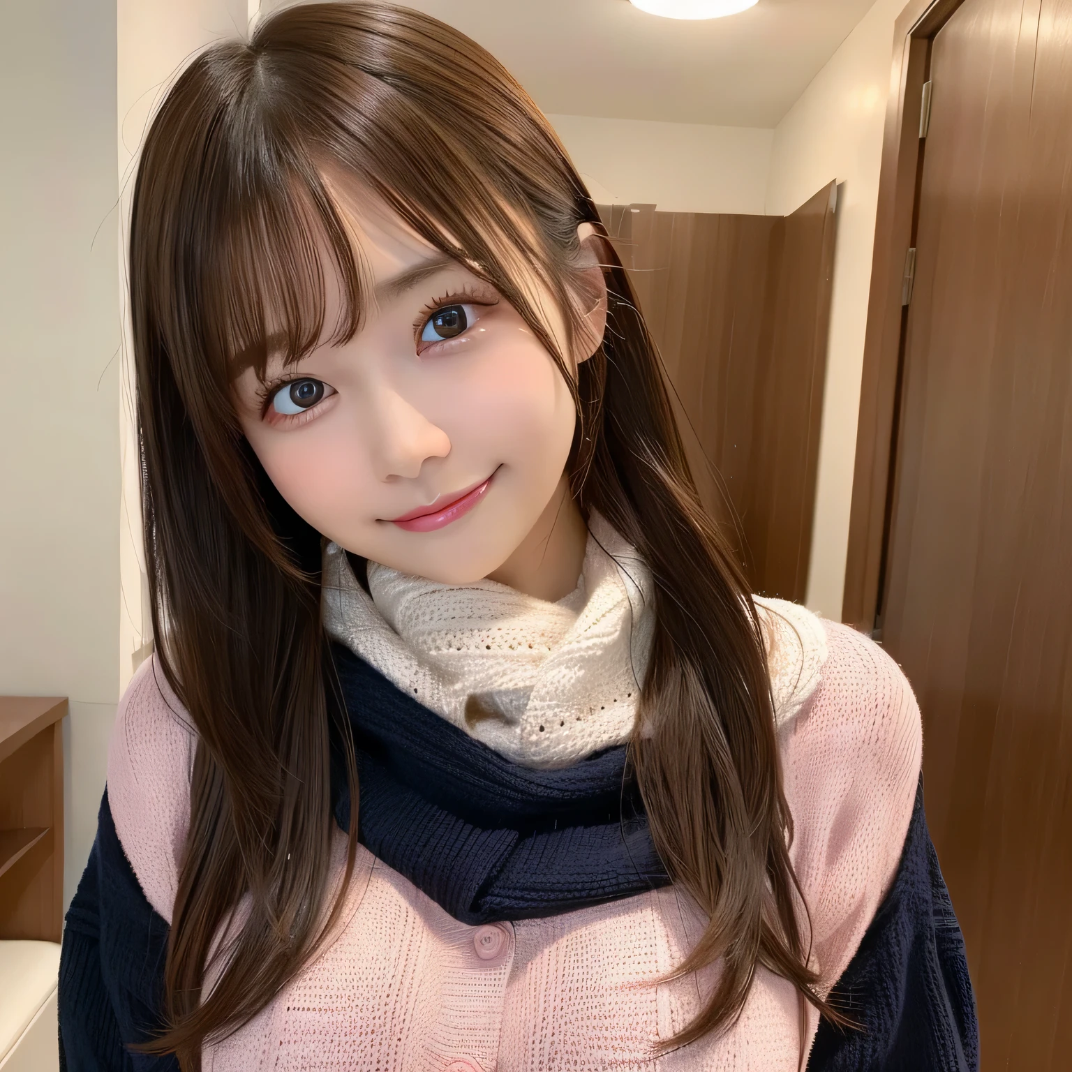 1girl in, Extremely cute face,​masterpiece, top-quality, Ultra-fine, Colossal tits, Brown hair 眉間 青 ,scarf, 独奏, Bust, A smile, realisitic, Brown hair, 赤いscarf, Brown eyes, Colossal tits, Grinning, nudde, convenient censoring, Nipples are visible, Pink knitted sweater、Taking it off、Keep your hair up and short,Best Quality,4K,Ultra-detailed,Vibrant colors,Cozy,romantic,a 、a navel、nogizaka、Beautiful black eyes:1.３、17-year-o scgirl、more_Details:1.5,