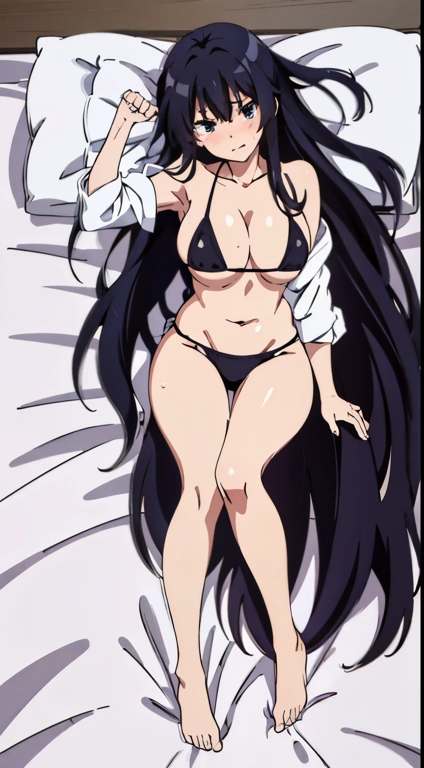(tmasterpiece、quality、the detail、超高分辨率、8K、Beautifully detailed lighting、Very beautiful girl、Long black hair,Coiled hair、female high-school student、Clothed only in bikini、cleavage display、There's a big sausage in her cleavage,sweat profusely、1 girl in、eBlue eyes、Sleeping on the Bed、Red blush、embarrassed from、((horrified expression))、bareless、compulsive、Loved it very much、Sexual facial expressions seen from above、Perfectly trimmed fingers,don't have clothes,spread your legs,There is a lot of water in the bottom of the bikini,Roll your eyes upwards,Stick out your tongue,Full body photo,slender thighs,Spread your legs,drools,messy hair,half-open bikini。Put one hand between your legs,The lines between the legs are real。There are tears in the corners of the eyes,There are swirling lines inside the eyes,Tsundere,body up and down,Hand repair