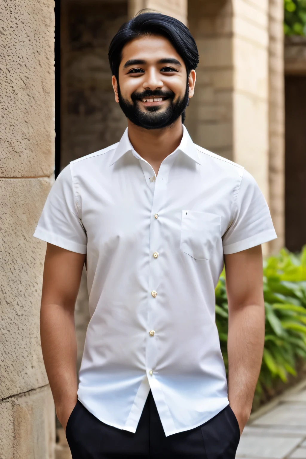 Masterpiece, hd, realistic, 1boy, 20 y.o, black hair, indian-japanese mix race man, wear white shirt, potrait photo, smile, beard