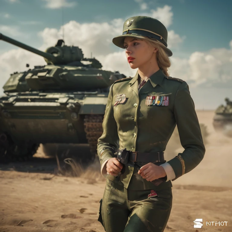 20yo girl in a camouflage uniform <lora:camouflage_uniform:0.4>, (long_blond_hair:1.1), (tanned skin:0.7), enticing, looking_at_viewer, straps, buckles, grenade, bullets, pockets, standing next to a man driving a tank, streets, trees, crowd