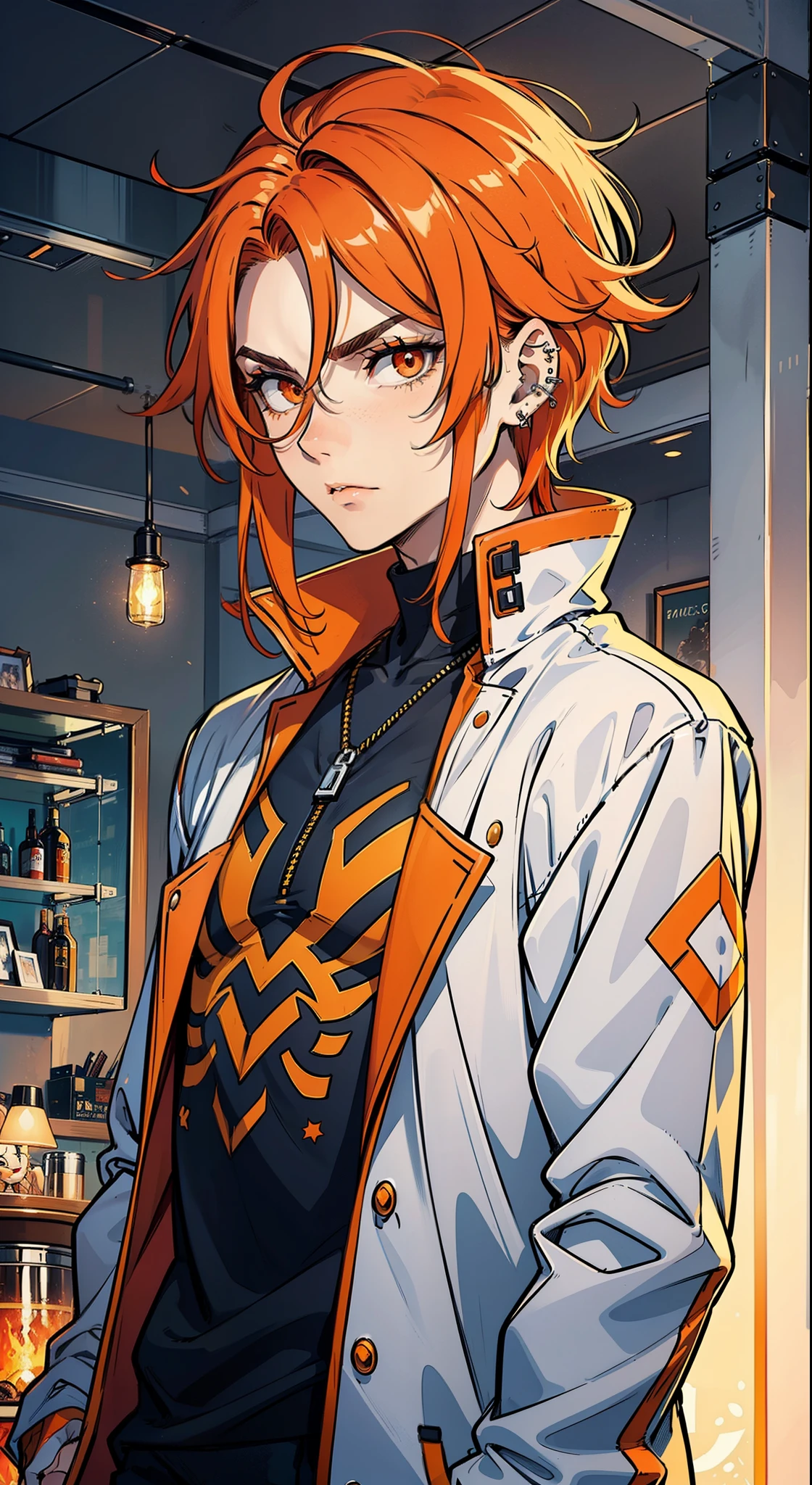 a man of medium height, (a piercing gaze), His hair is red, eyes orange, Skin with a tan tone, He wears clothes in warm tones of red and orange.