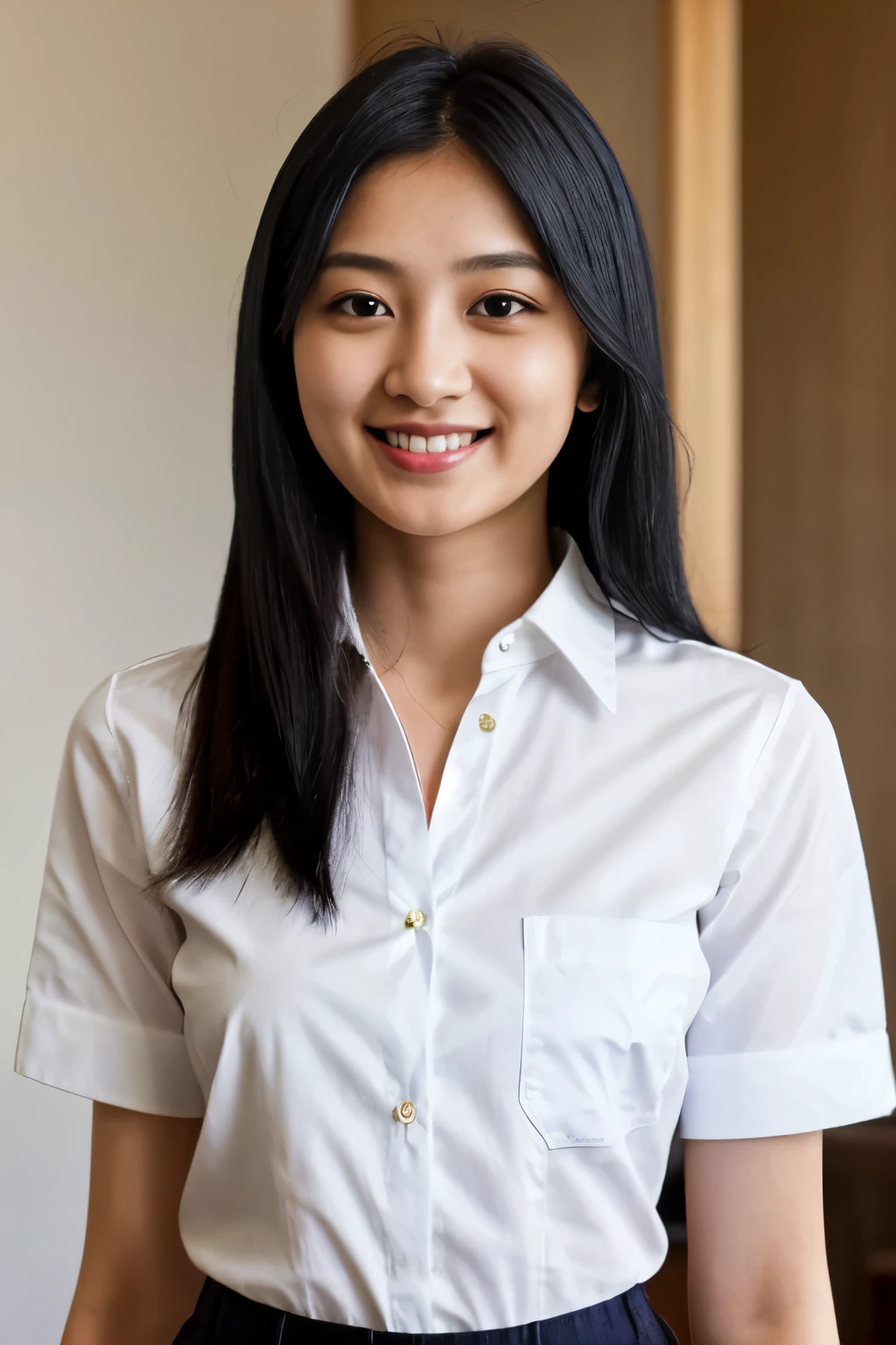 Masterpiece, hd, realistic, 1girl, 20 y.o, black hair, indian-japanese mix race woman, wear white shirt, potrait photo, smile, long hair