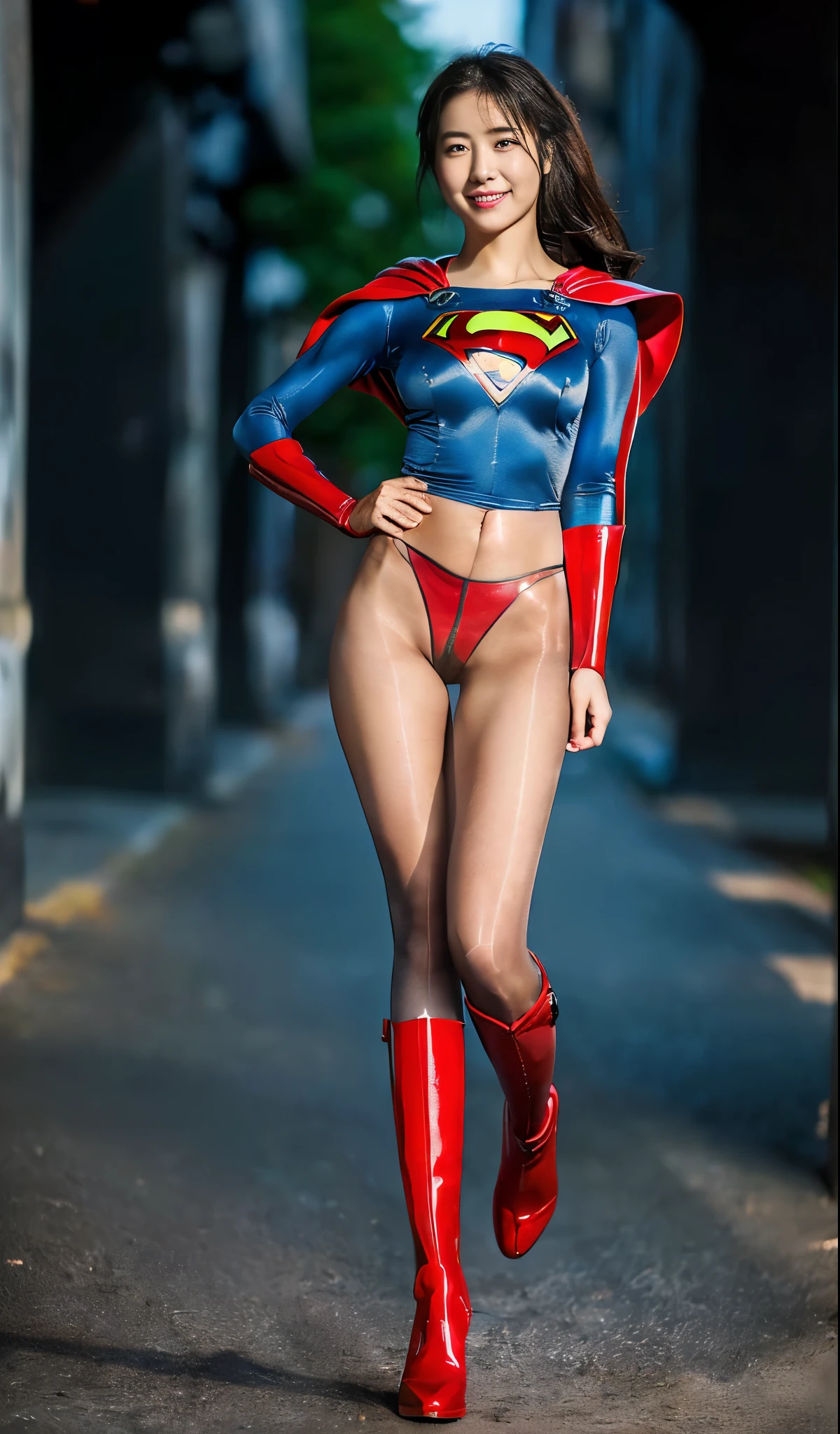 No background、Are sleeping、lying back on、(((Wear black tights on your beautiful legs.)))、(((Grow legs、tall、Legally express the beauty of your smile)))、((((Make the most of the original image)))、(((Supergirl Costume)))、(((beautiful hairl)))、(((Suffering)))、(((Feet must necessarily be worn with black tights)))、(((You need to wear red boots)))、((Top image quality、8K))、((top-quality、8K、​masterpiece:1.3))、(((Keep Background )))、Crisp focus:1.2、Beautiful woman with perfect body shape:1.4、Slender Abs:1.2、a wet body:1.5、Highly detailed facial and skin texture、8K