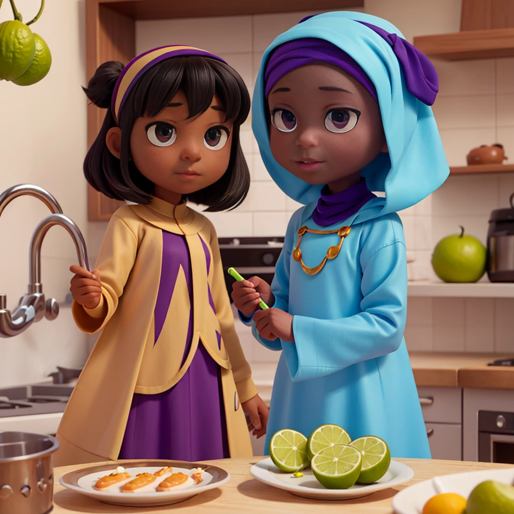 Create a 3D cartoon character images of two dark skinned girls of about 10 years old, one wearing a beige ABAYA with light blue, while the other is wearing a purple ABAYA with lime green HIJAB both washing plates in the kitchen.