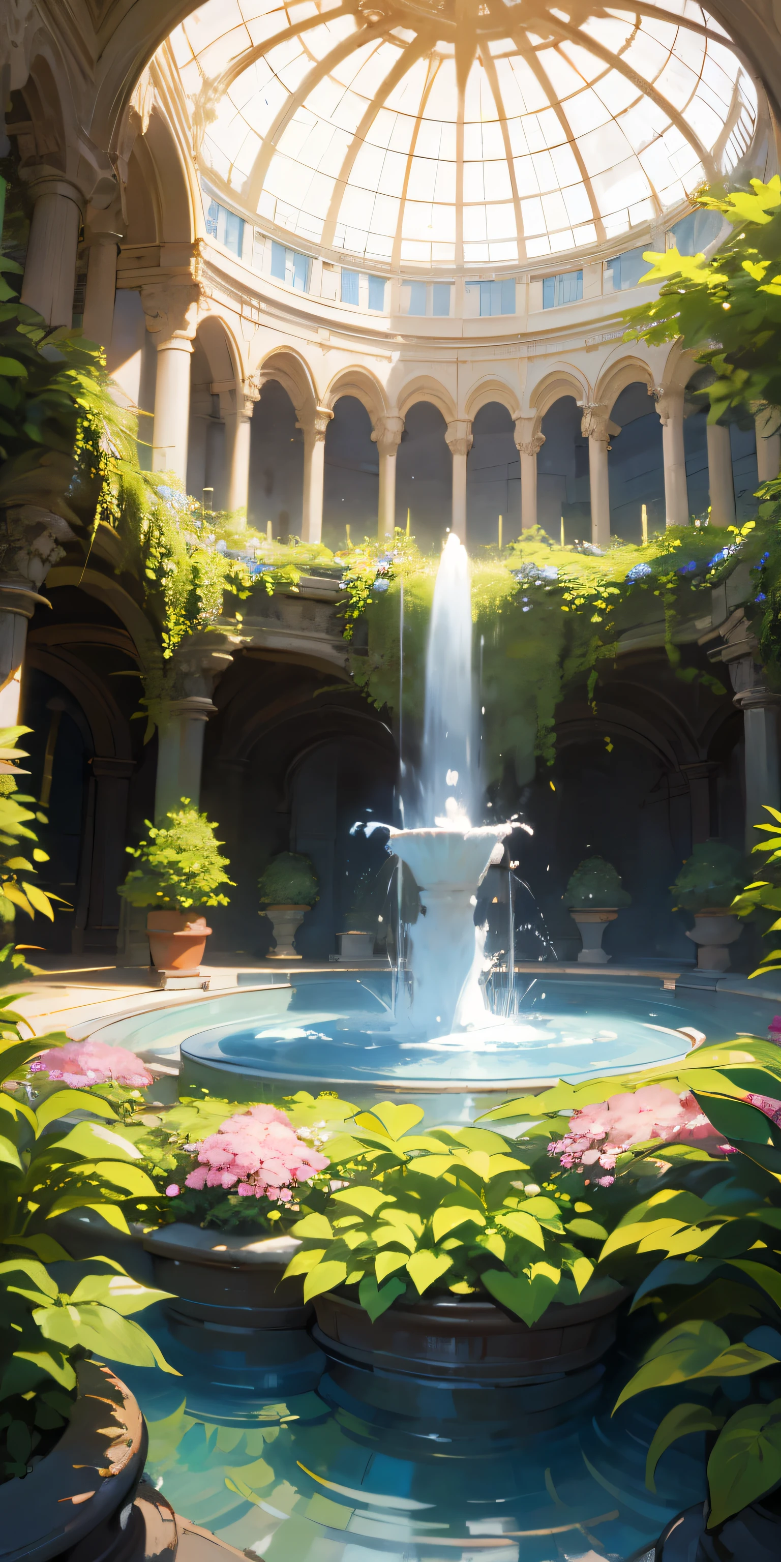 (top-quality、masterpiece、A hyper-realistic)、Indoor Botanical Garden、dome、lots of flower、High-density mass plant、fountain in the center,center accurately、make a circle,Mystical