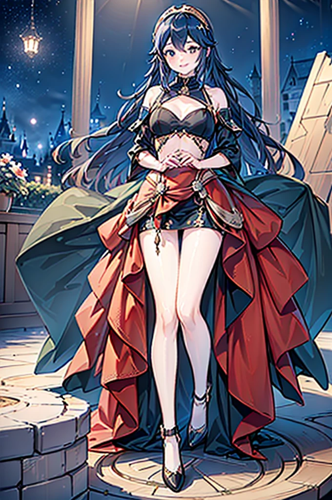 gran calidad ++ Extremely detailed high resolution, very aesthetic, ojos expresivos, (((Cara perfecta))), (((face symmetrical))), ((good anatomy)), (((manos perfectas))), (((8k))), UHD, Fondo de pantalla HD, (((alta calidra detallada, (((1girl))), ((((cuerpo completo)))), emblema de fuego, Emblema de fuego Despertar, (((Lucina))), Lucina Emblema de fuego despertar, ((((Midnight blue off-the-shoulder dress that perfectly hugged her slender figure and then descended into a flowy floor-length skirt)))), (((The sweetheart neckline was adorned with brilliant sapphires in harmony with the jeweled tiara.))), (((majestic evening))), (((Majestic Eveninajestic Castle Ballroom))), (((pechos enormes))), (((Sonrisa inocente))), ((((salulando)))),