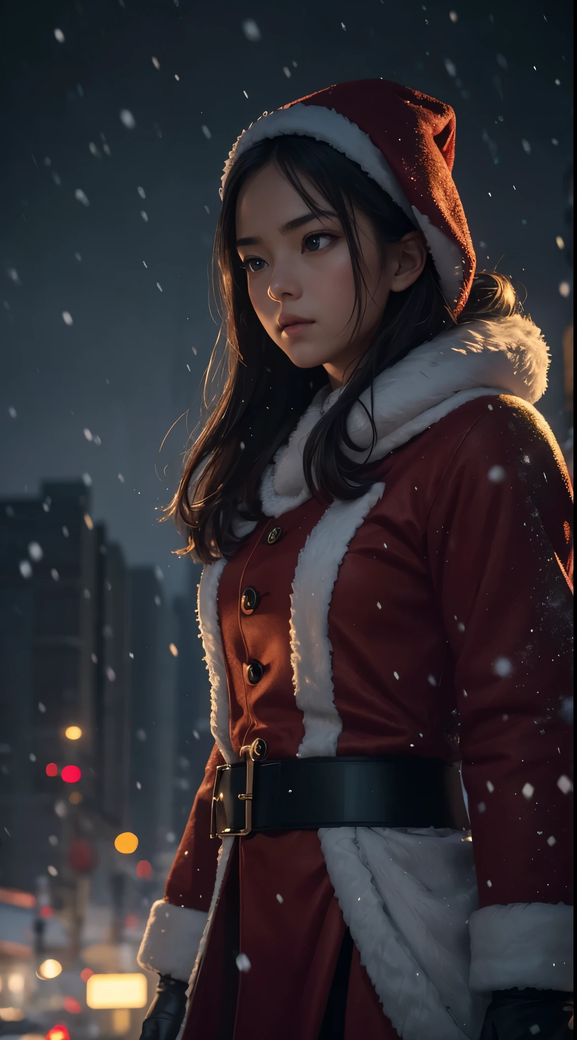 close-up, mid-shot, rule of thirds, young girl in santa suit, walking up towards in the city with a lot of Christmas lights, snowing, tundra in the background, cinematic, ultra detailed, visually rich, concept art, luminous, dimly lit dark environment, intricate details, subtle colors, extremely detailed, ultra sharp focus, light particles, attention to detail, grandeur and awe, stunning visual masterpiece, double exposure, 32k, photorealistic, strong outlines, cinematographic scene, highest quality