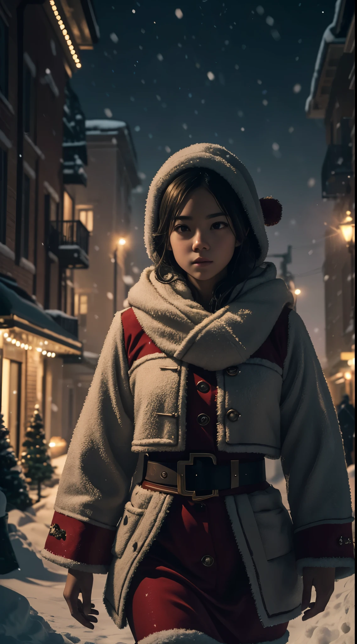 close-up, mid-shot, rule of thirds, young girl in santa suit, walking up towards in the city with a lot of Christmas lights, snowing, tundra in the background, cinematic, ultra detailed, visually rich, concept art, luminous, dimly lit dark environment, intricate details, subtle colors, extremely detailed, ultra sharp focus, light particles, attention to detail, grandeur and awe, stunning visual masterpiece, double exposure, 32k, photorealistic, strong outlines, cinematographic scene, highest quality