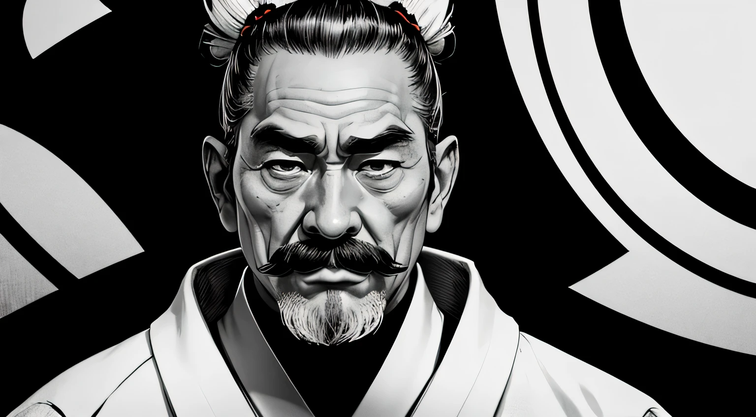 big eyed old man, Samurai, Black and white kimono, Many wrinkles, mustaches, Chommage.