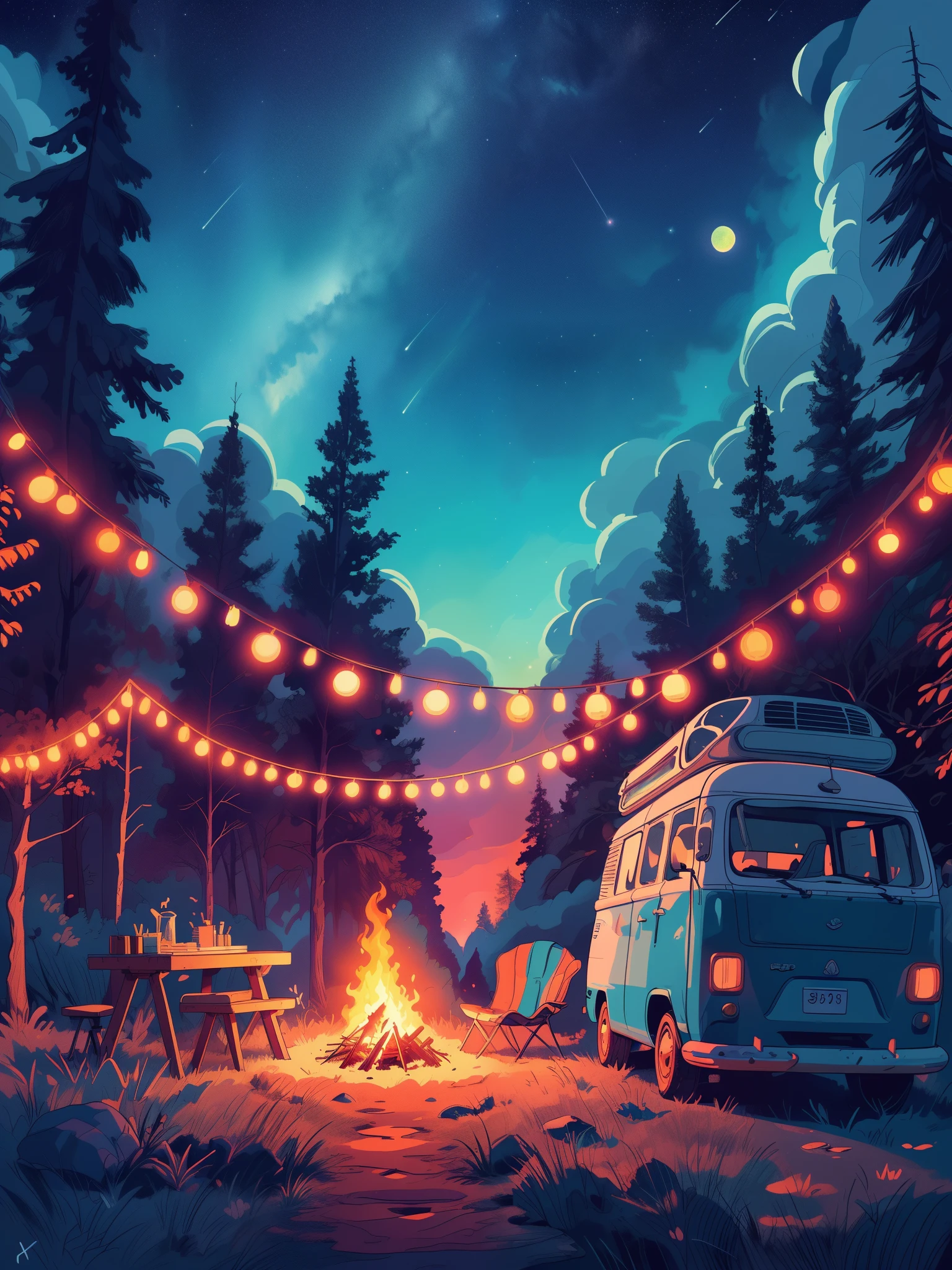 Draw an anime poster style lofi scene of a camper van in the woods, fairylights decor, bonfire, barbeque, starry sky, wilderness, dense forest, night, beautiful color palette, vibrant saturated colors, masterpiece, cinematic cloudy sky, no human