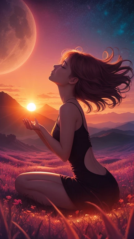 woman over 22 years of age looking at her higher self, meditating, completely relaxed and surrendering, cinematic, 4k ultra, beautiful face, ((full body)), detailed, perfect fingers, beautiful Asian woman from backside angle: 1.3, beautiful face with good sharpness, saturated colors, psychedelic image, LSD, mandala, fractal, 3D depth, dan mumford and alex grey style, sunset psychedelic, kilian eng vibrant colors, psychedelic landscape, kilian eng vibrant colors, dan mumford and albert bierstadt, official artwork, in the style dan mumford artwork, dan mumford paint, jen bartel, psychedelic art style, mythical floral hills