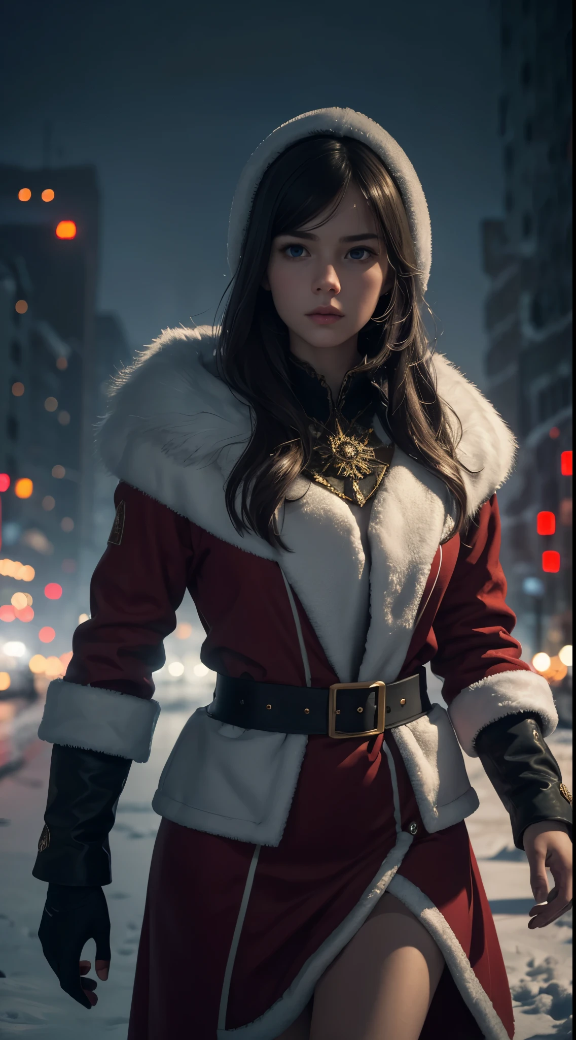 close-up, mid-shot, rule of thirds, young russian girl in santa suit, walking up towards in the city with a lot of Christmas lights, snowing, tundra in the background, cinematic, ultra detailed, visually rich, concept art, luminous, dimly lit dark environment, intricate details, subtle colors, extremely detailed, ultra sharp focus, light particles, attention to detail, grandeur and awe, stunning visual masterpiece, double exposure, 32k, photorealistic, strong outlines, cinematographic scene, highest quality